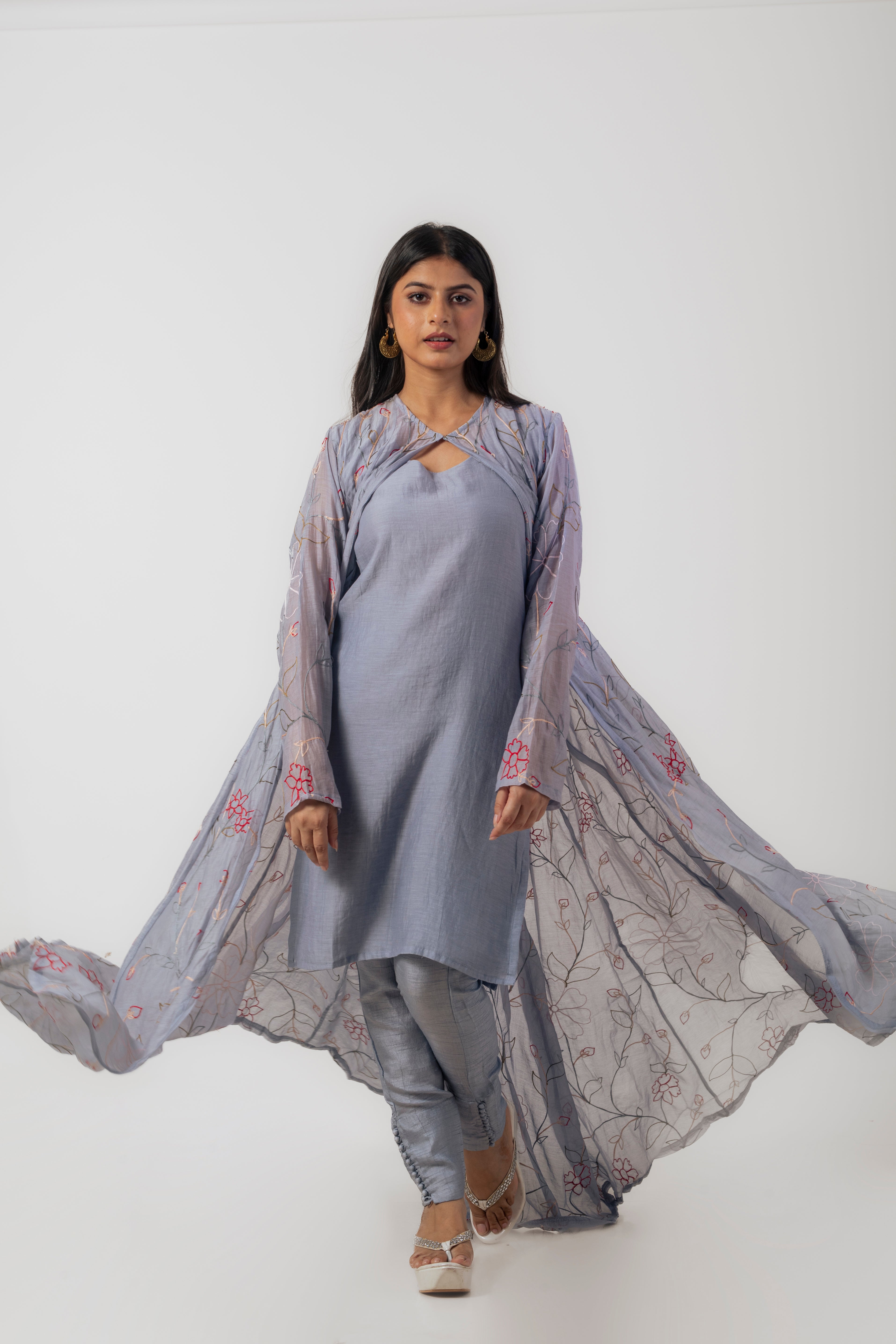 Grey Chanderi Ari Work Kurti Set with Long Embroidered Jacket and Pants