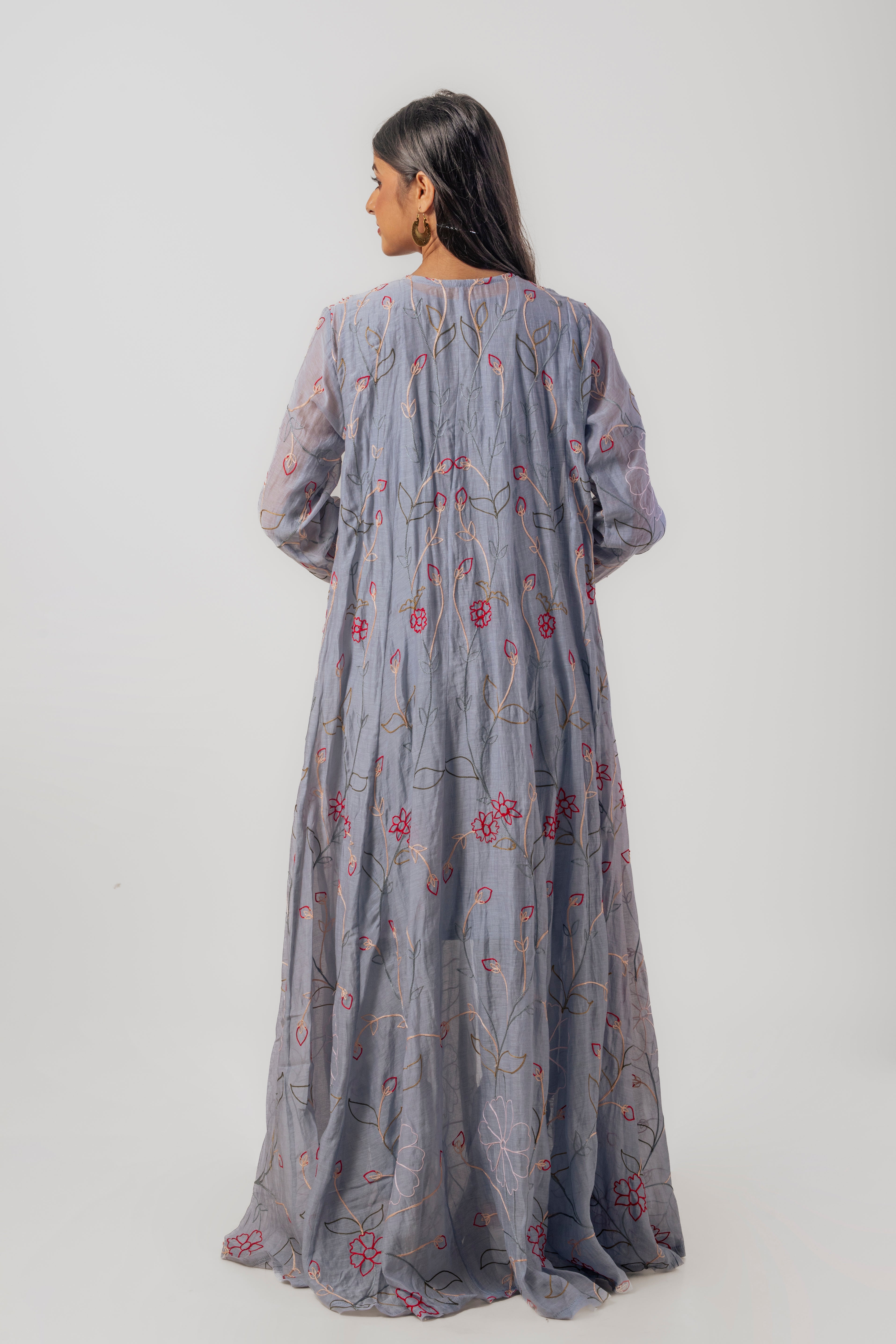 Grey Chanderi Ari Work Kurti Set with Long Embroidered Jacket and Pants