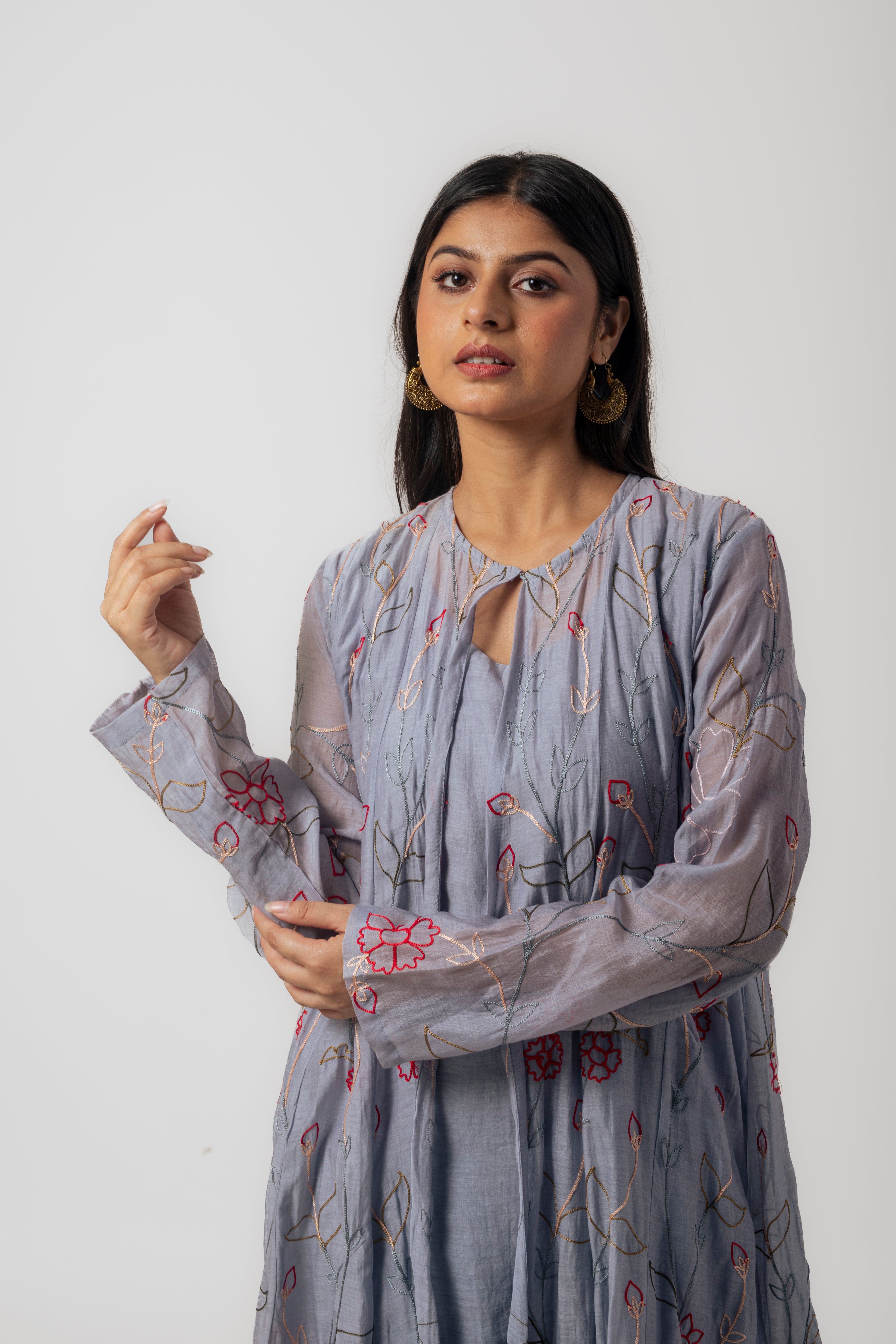 Grey Chanderi Ari Work Kurti Set with Long Embroidered Jacket and Pants