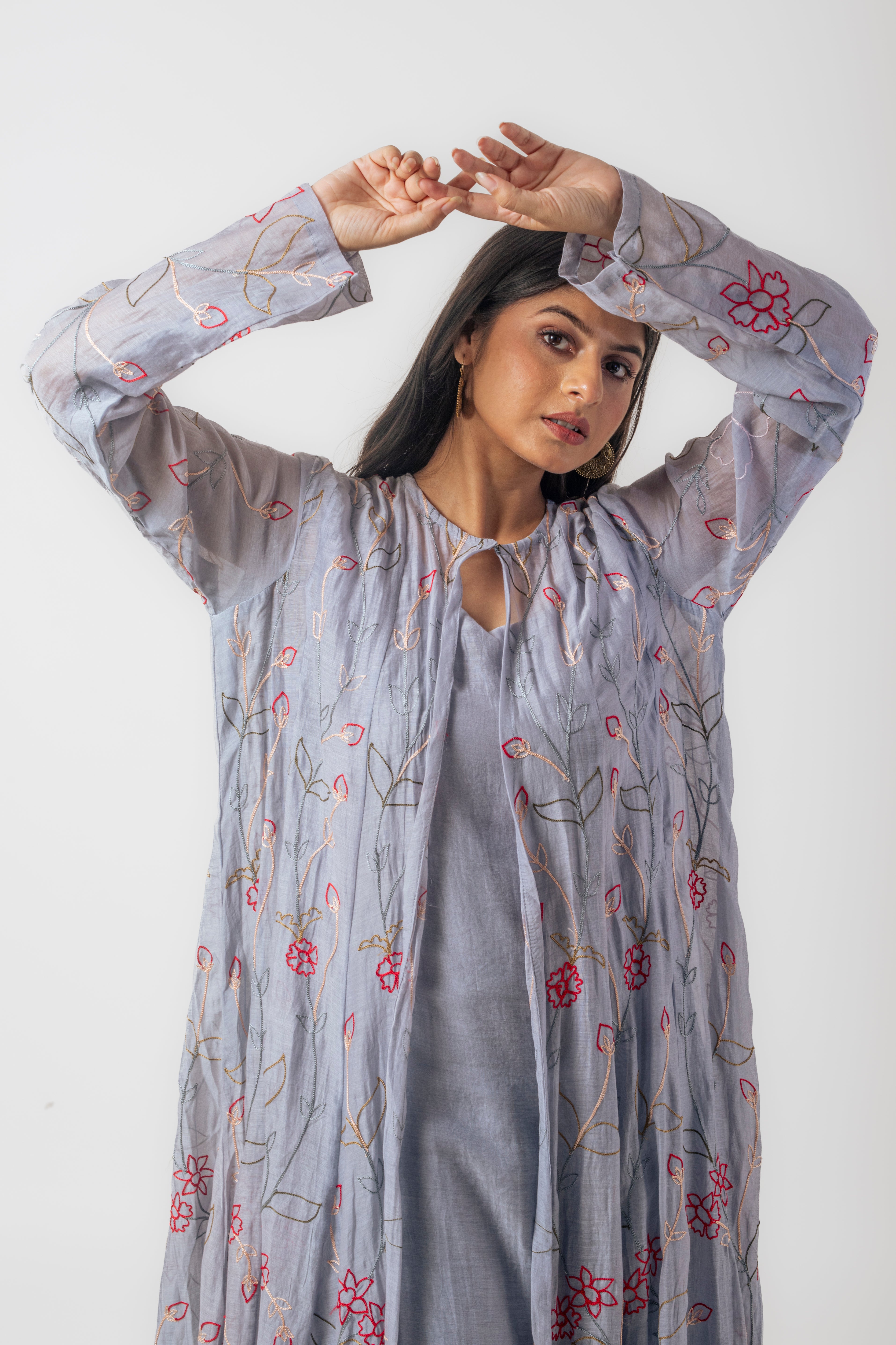 Grey Chanderi Ari Work Kurti Set with Long Embroidered Jacket and Pants