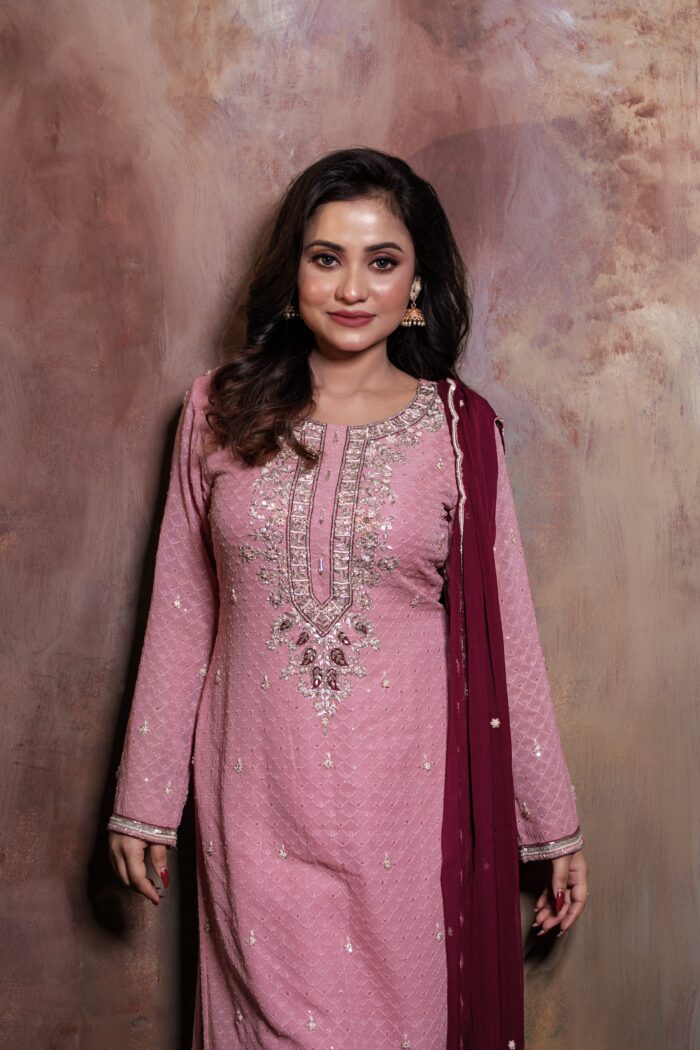 Affifa Pink Suit with Yoke Detail