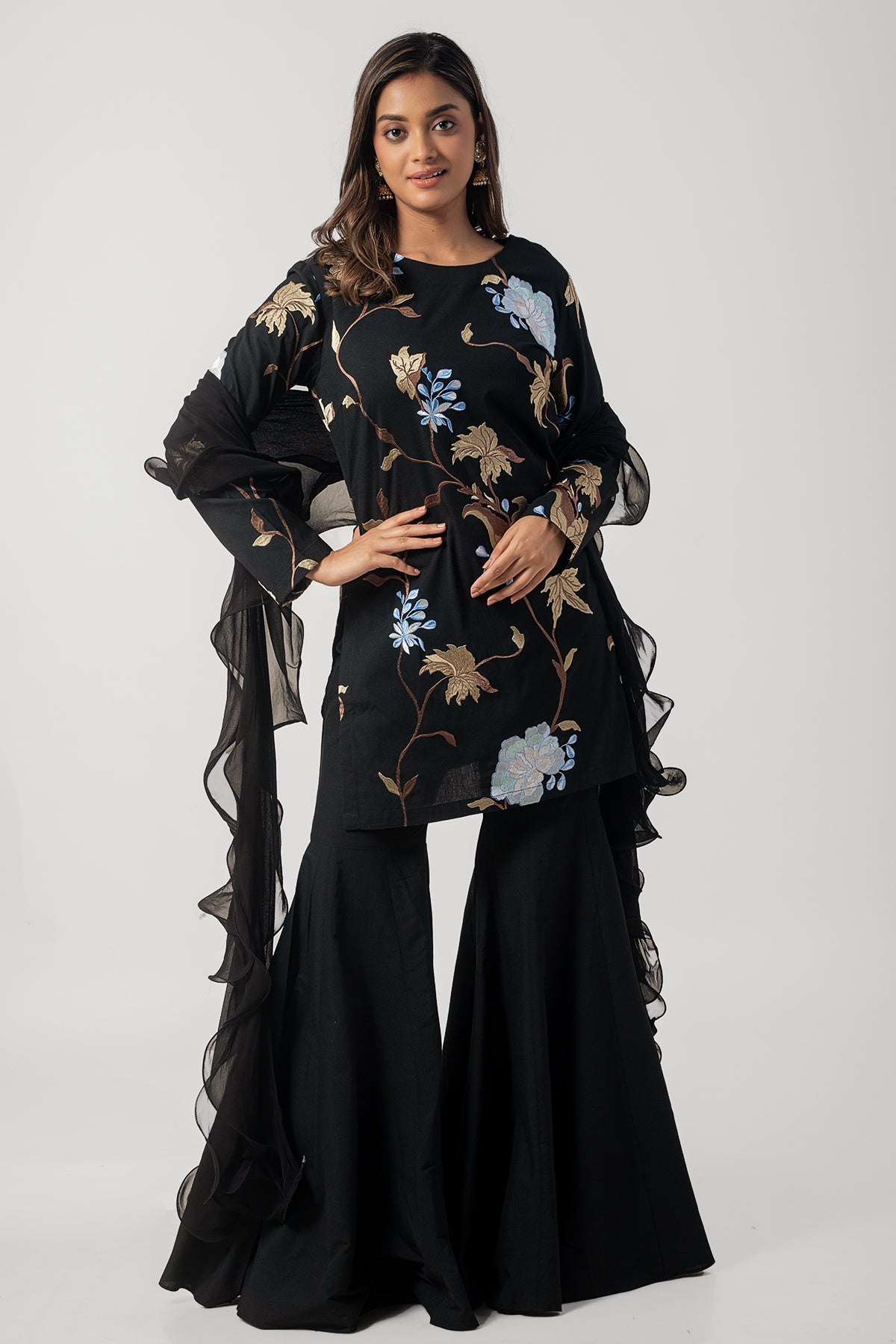 Black Katan Silk Designer Sharara Suit with Floral Embroidery