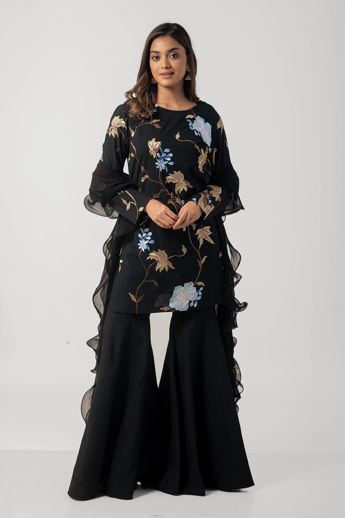 Black Katan Silk Designer Sharara Suit with Floral Embroidery