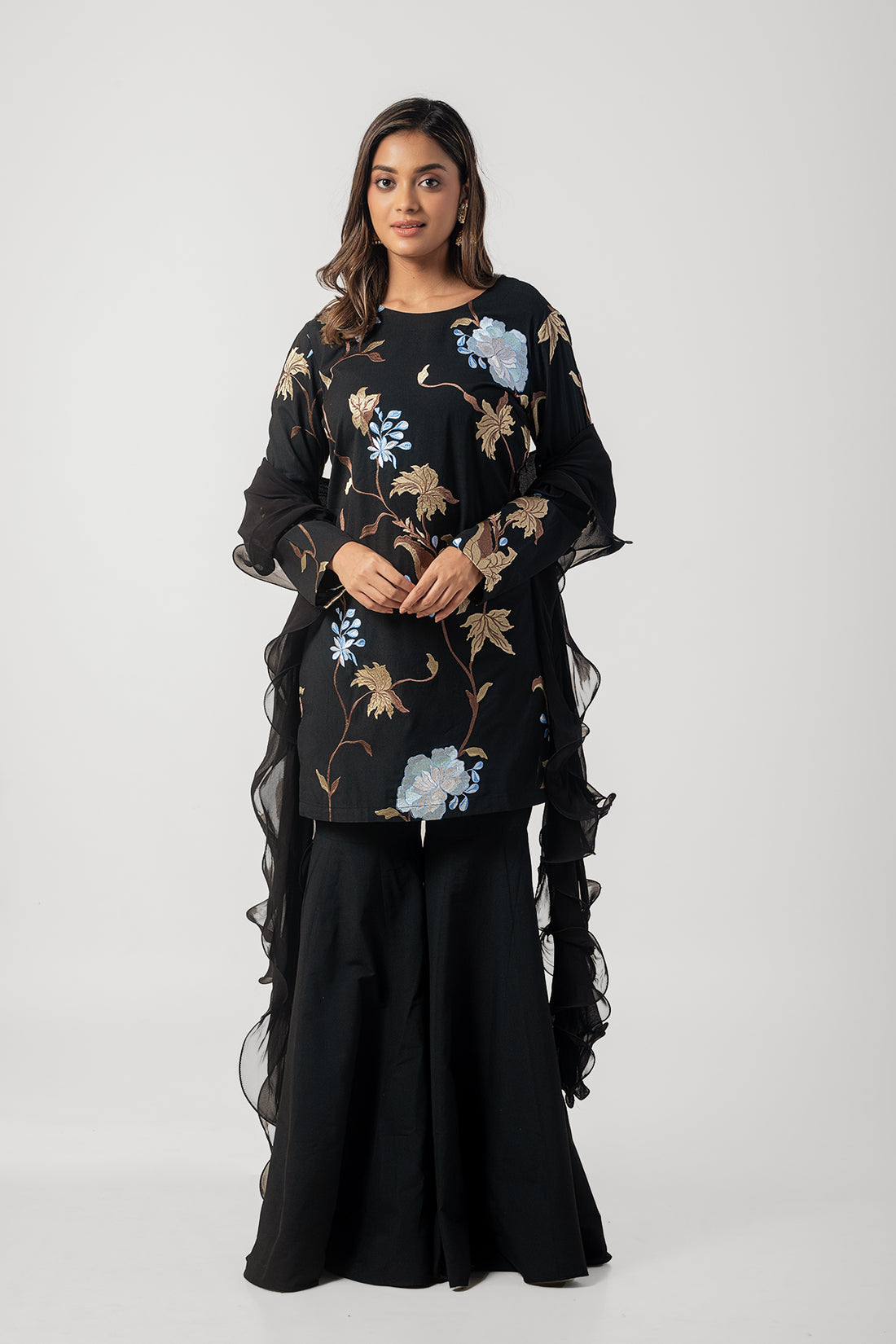 Black Katan Silk Designer Sharara Suit with Floral Embroidery