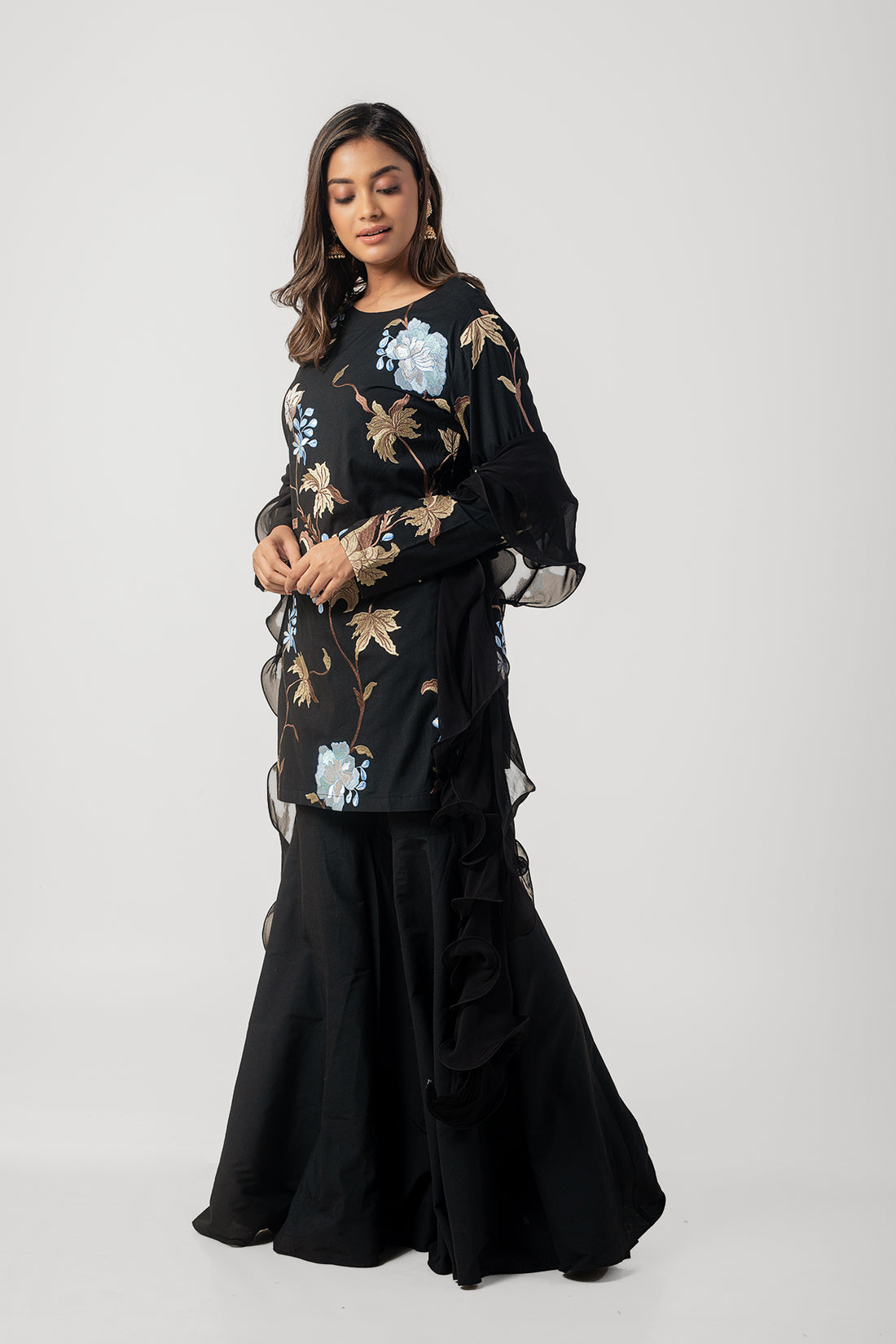 Black Katan Silk Designer Sharara Suit with Floral Embroidery