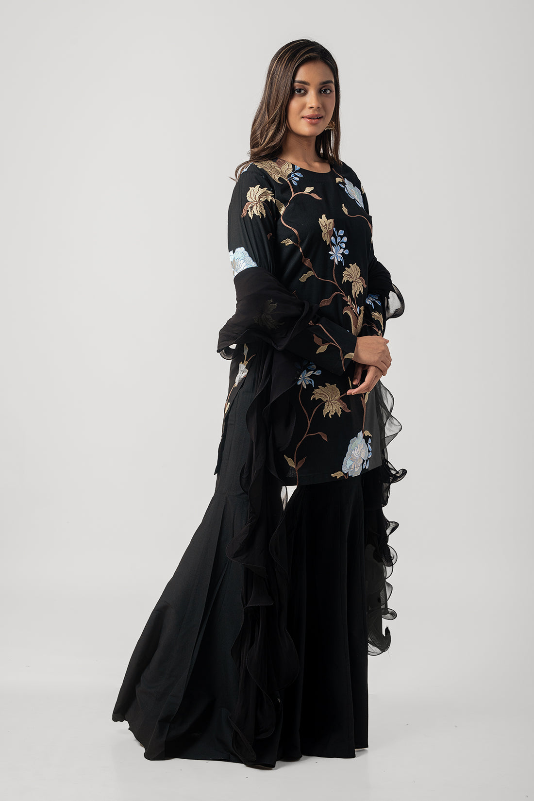 Black Katan Silk Designer Sharara Suit with Floral Embroidery