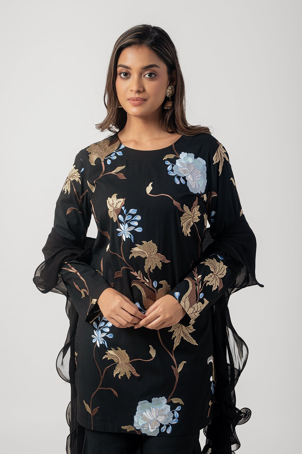 Black Katan Silk Sharara Set with Embroidery