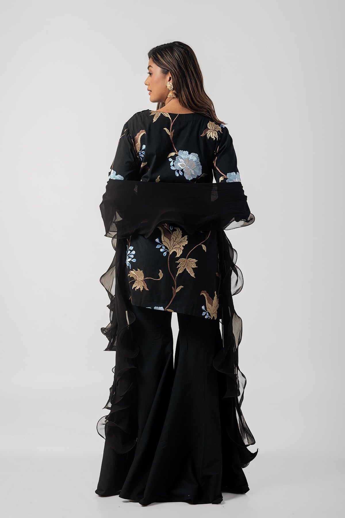 Black Katan Silk Sharara Set with Embroidery