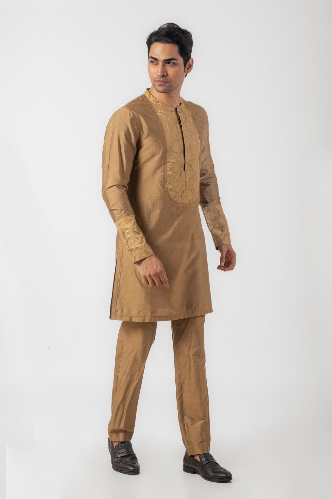 Sand Brown Kurta Pajama with Resham Embroidery and Patch Work