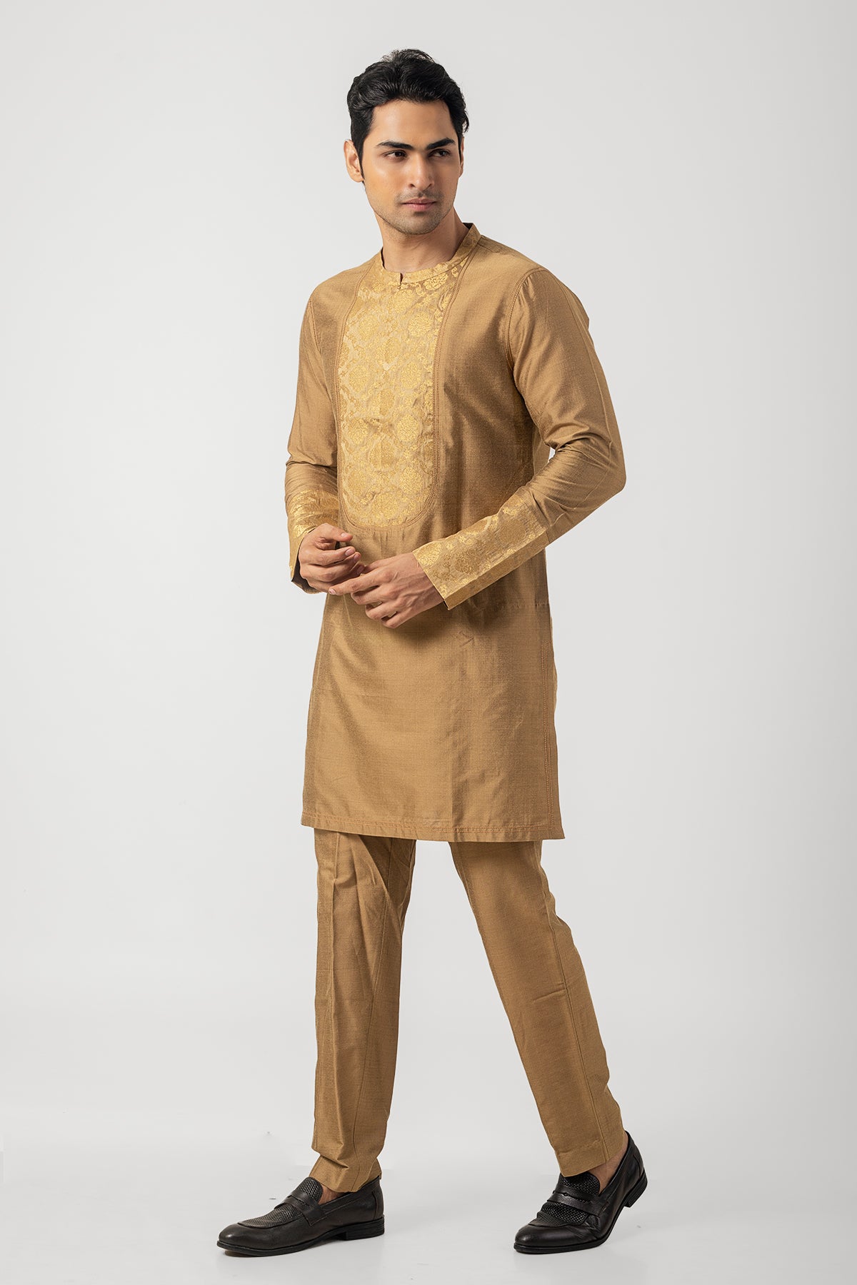 Embroidered Katan Silk Ethnic Kurta Pajama Set in Rust Gold