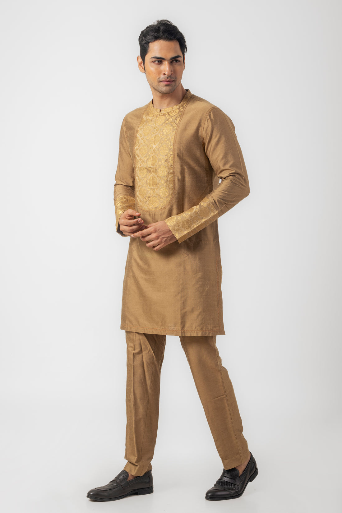 Sand Brown Kurta Pajama with Resham Embroidery and Patch Work