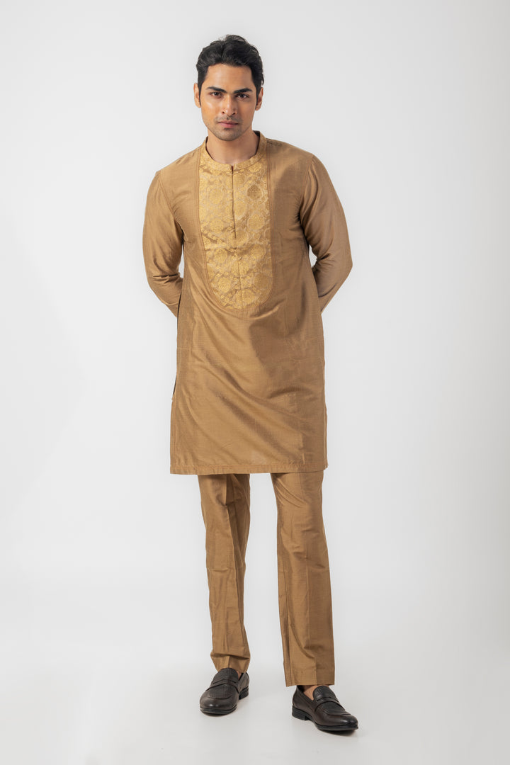 Sand Brown Kurta Pajama with Resham Embroidery and Patch Work