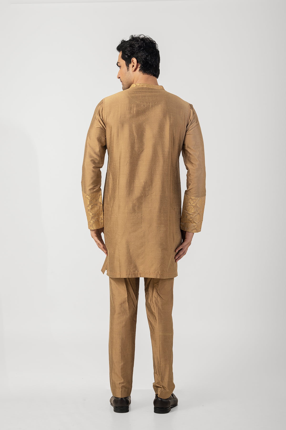 Embroidered Katan Silk Ethnic Kurta Pajama Set in Rust Gold