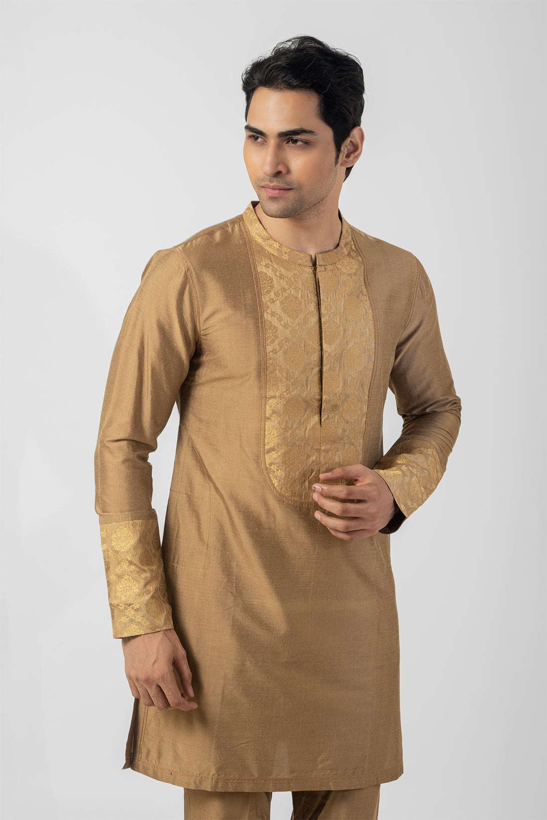 Embroidered Katan Silk Ethnic Kurta Pajama Set in Rust Gold