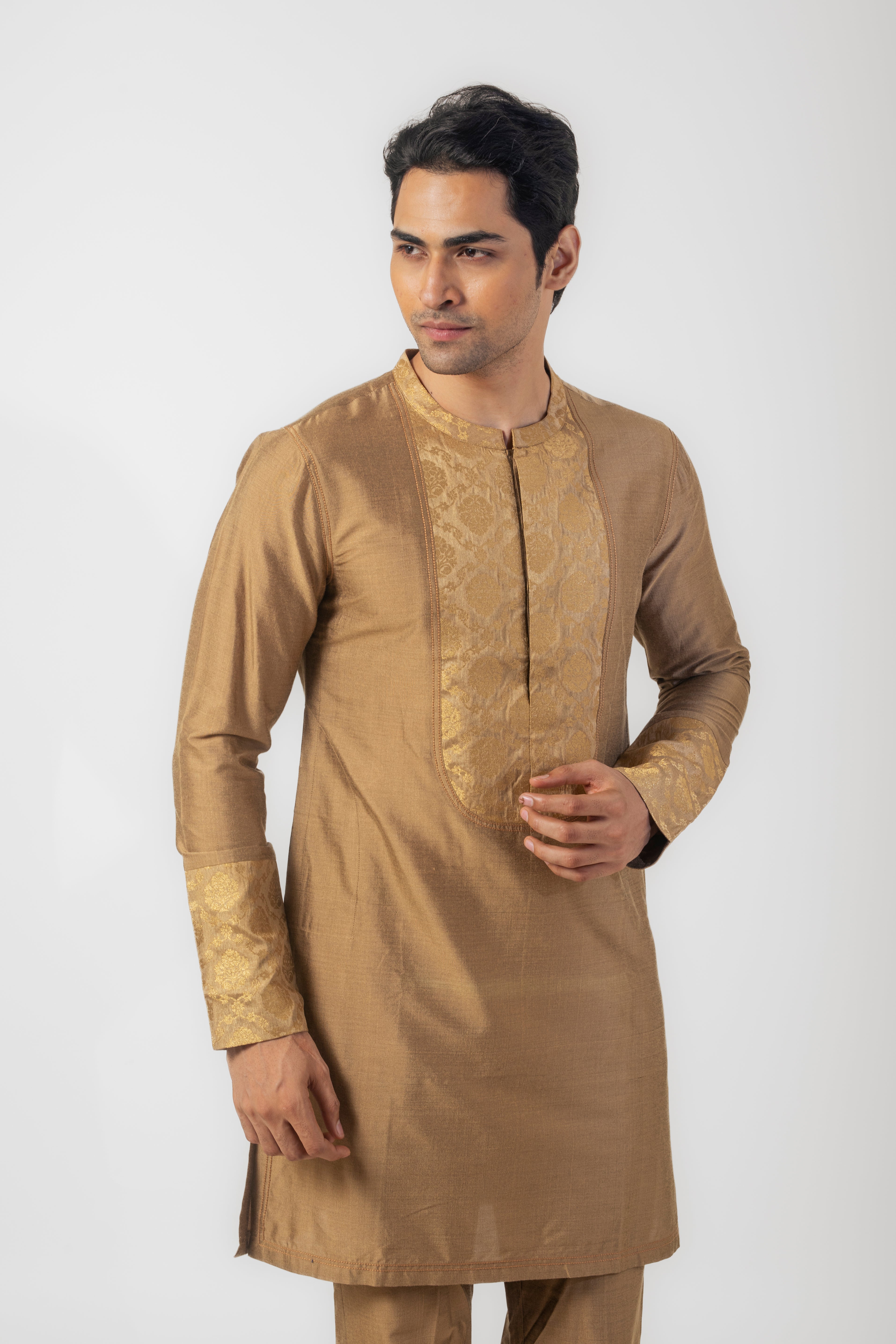 Sand Brown Kurta Pajama with Resham Embroidery and Patch Work