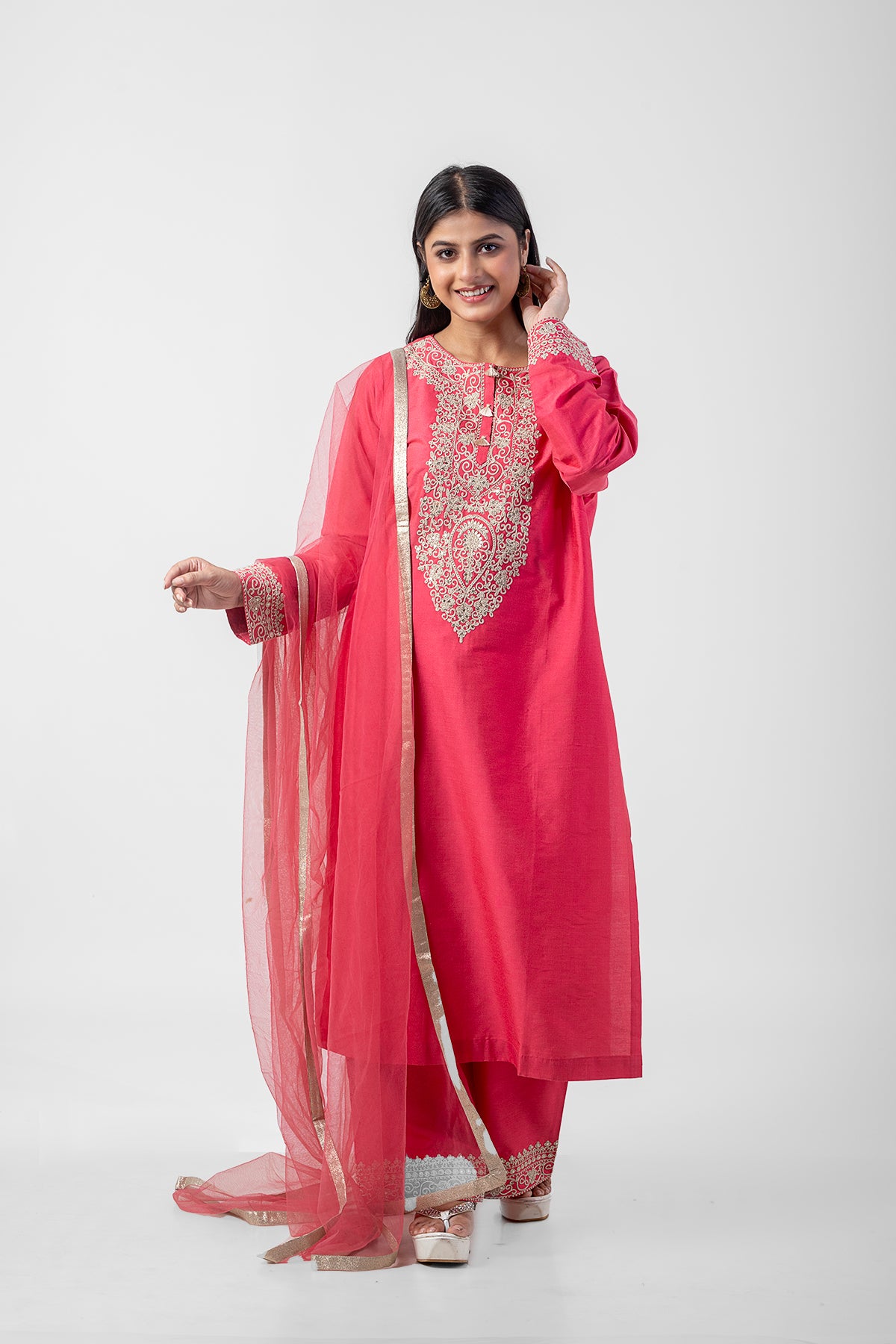 Pink Katan Silk Zari and Dori Work Kurta Set with Palazzo and Net Dupatta