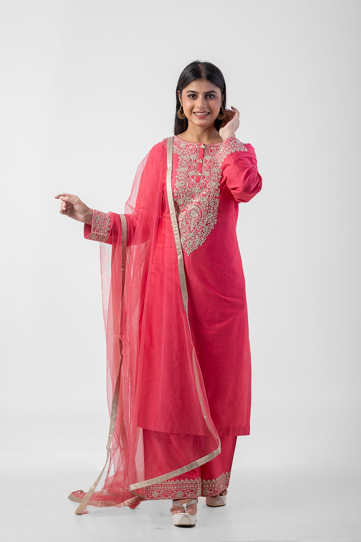 Pink Katan Silk Zari and Dori Work Kurta Set with Palazzo and Net Dupatta