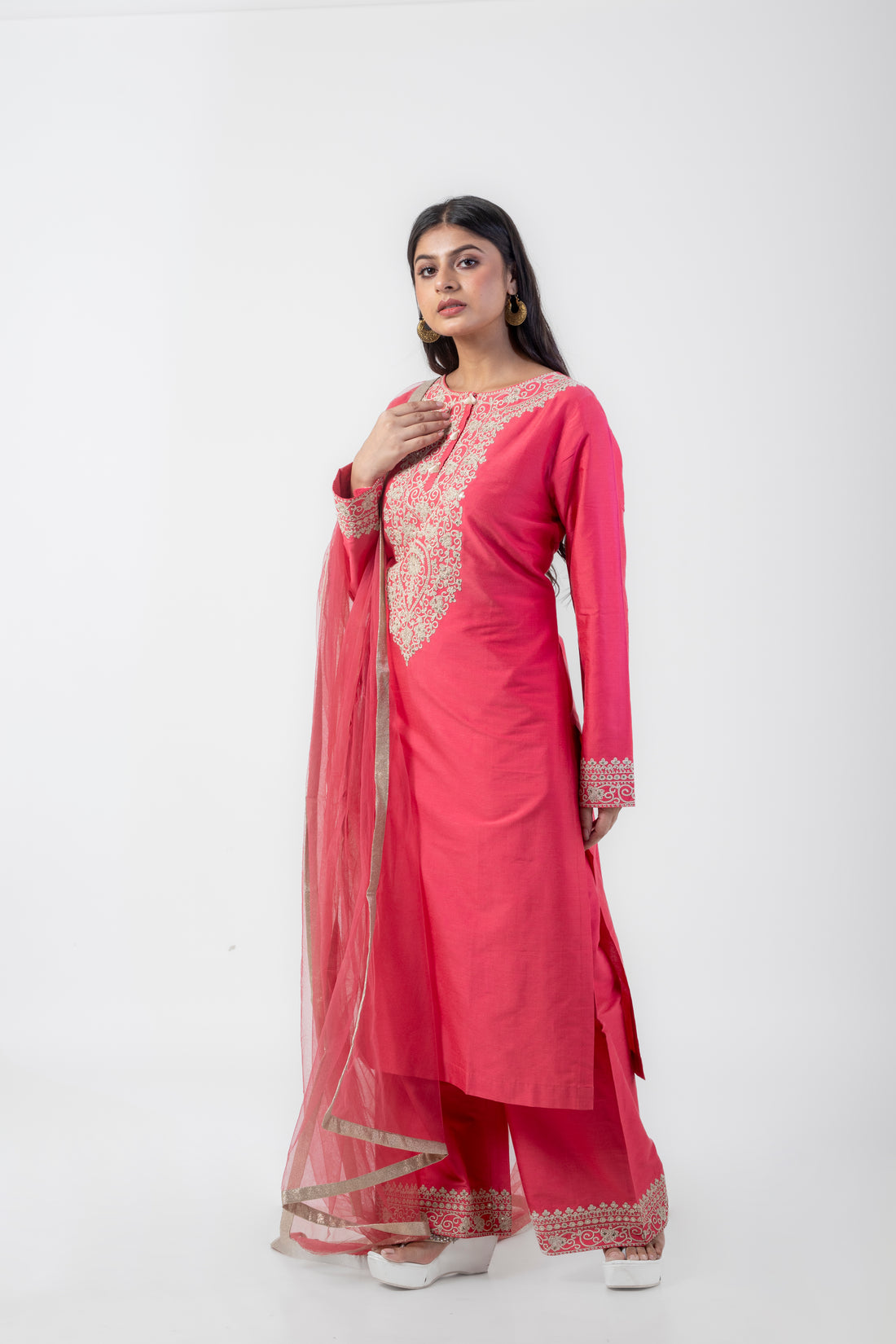 Pink Katan Silk Zari and Dori Work Kurta Set with Palazzo and Net Dupatta