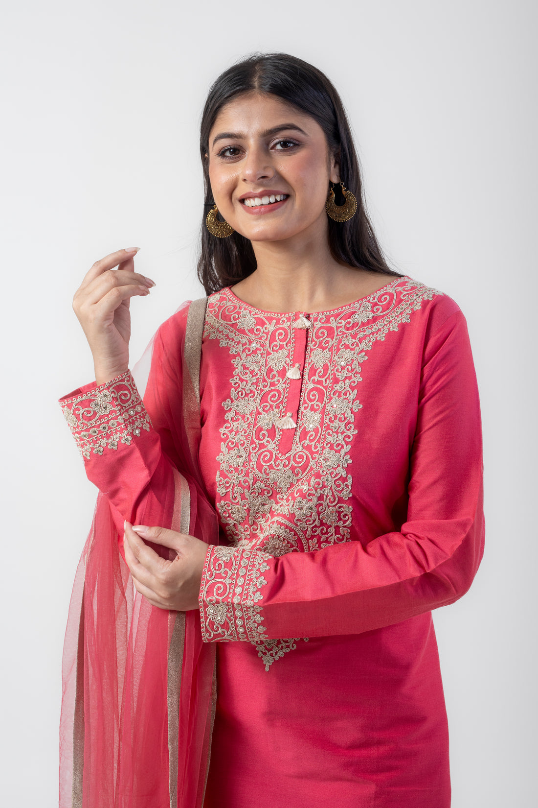 Pink Katan Silk Zari and Dori Work Kurta Set with Palazzo and Net Dupatta