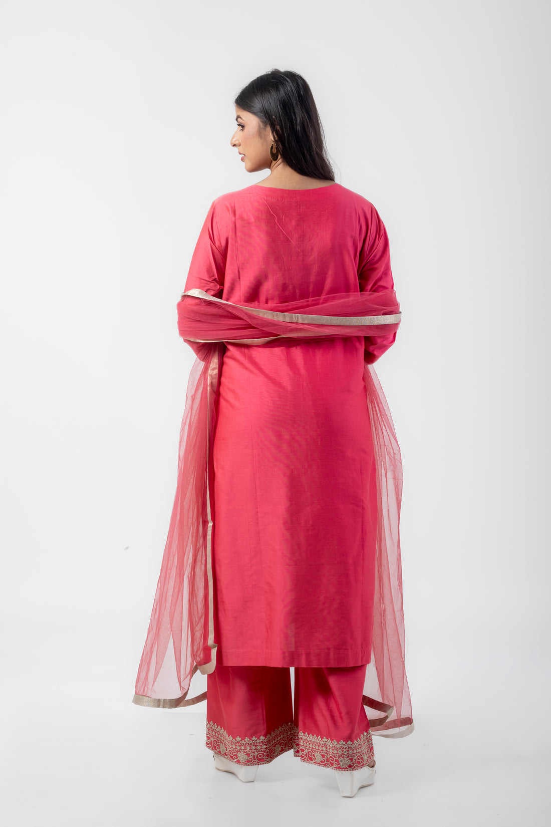 Pink Katan Silk Zari and Dori Work Kurta Set with Palazzo and Net Dupatta