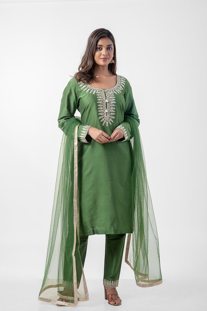Olive Green Pure katan Silk Festive  Kurta Set with Resham Ari Embroidery