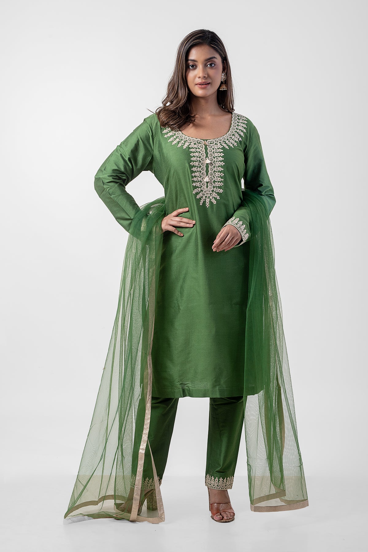 Olive Green Pure katan Silk Festive  Kurta Set with Resham Ari Embroidery