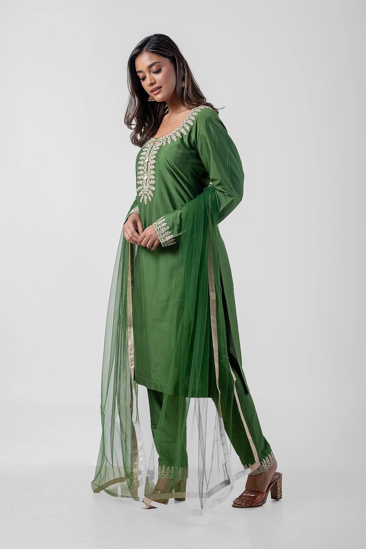 Olive Green Pure katan Silk Festive  Kurta Set with Resham Ari Embroidery
