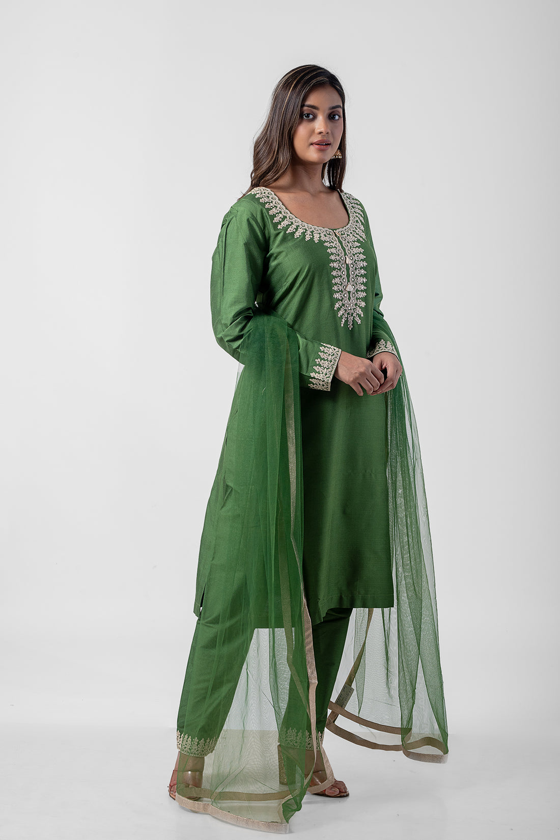 Olive Green Pure katan Silk Festive  Kurta Set with Resham Ari Embroidery