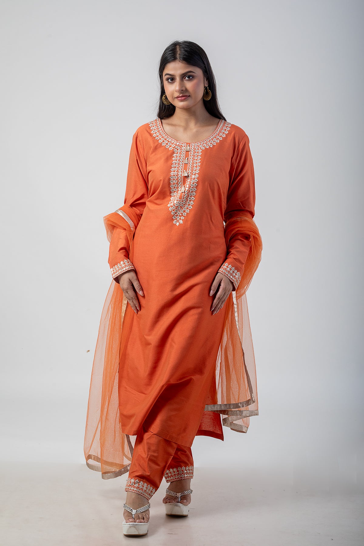 Sable Orange Suit Set with Resham Ari Embroidery Work