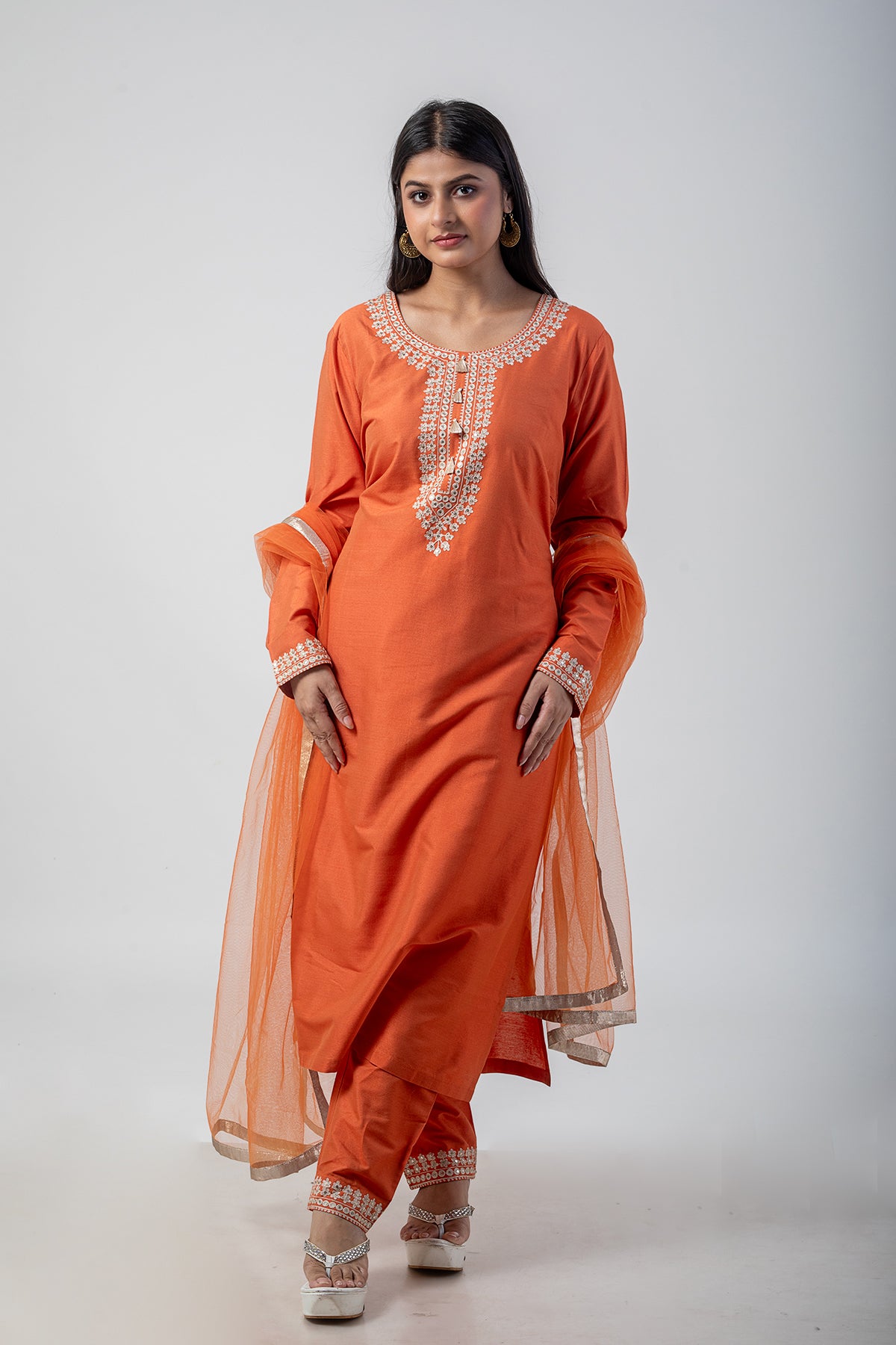 Sable Orange Suit Set with Resham Ari Embroidery Work