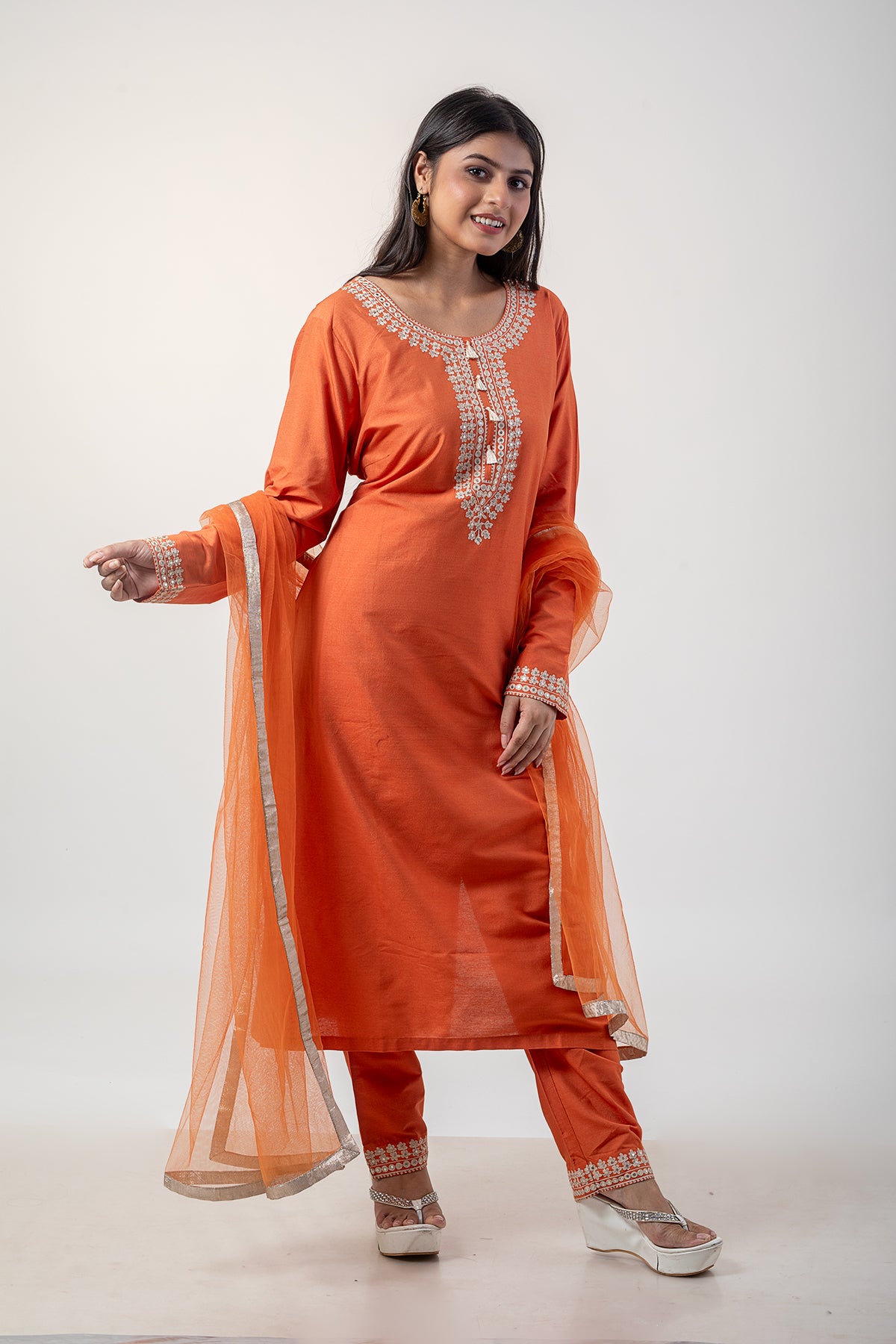 Sable Orange Suit Set with Resham Ari Embroidery Work