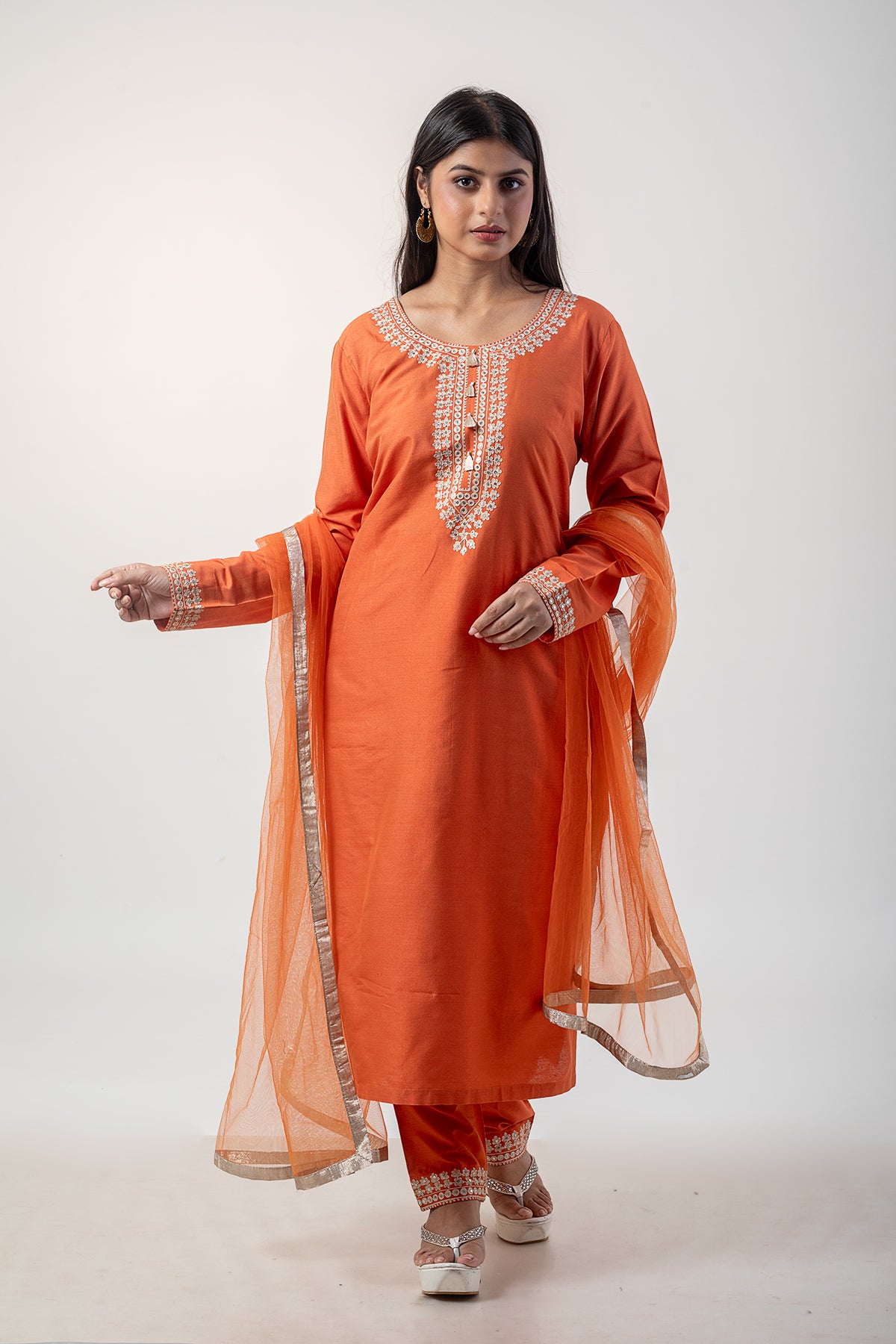 Sable Orange Suit Set with Resham Ari Embroidery Work