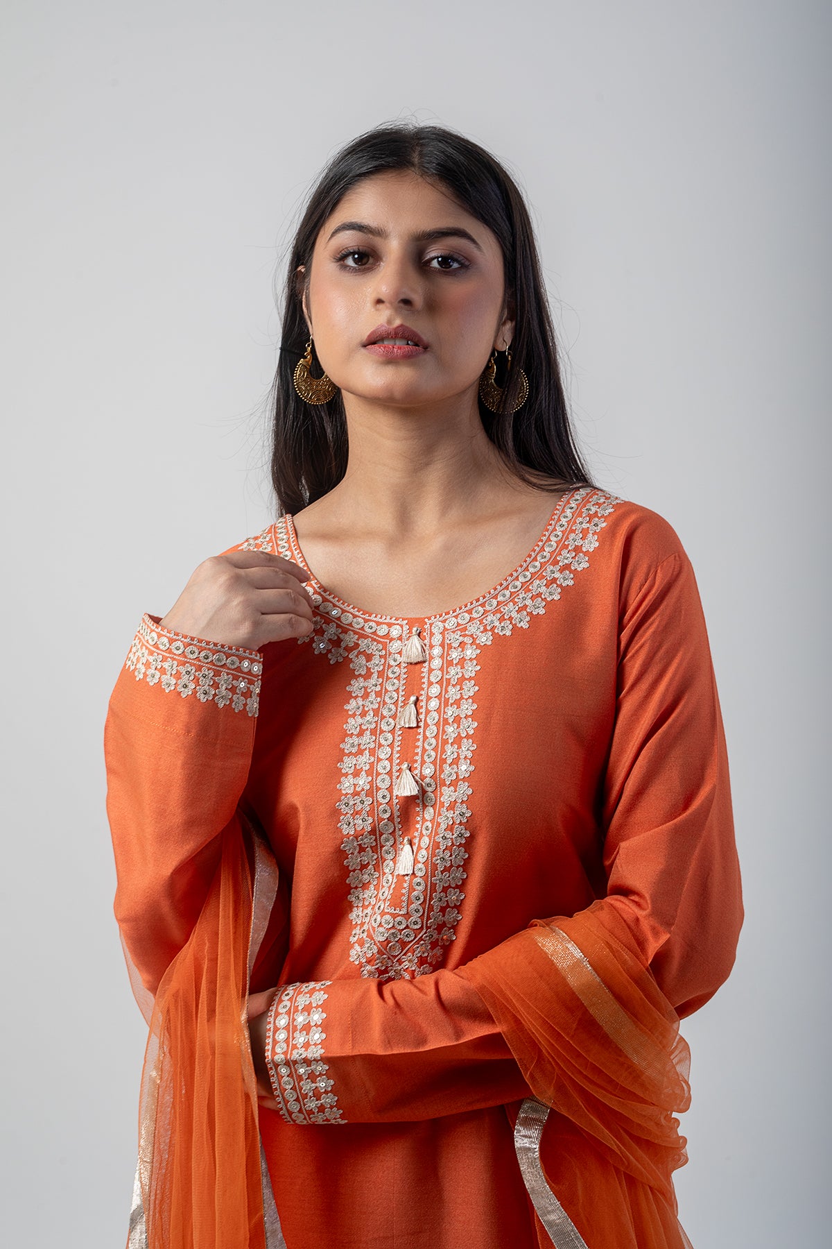 Sable Orange Suit Set with Resham Ari Embroidery Work