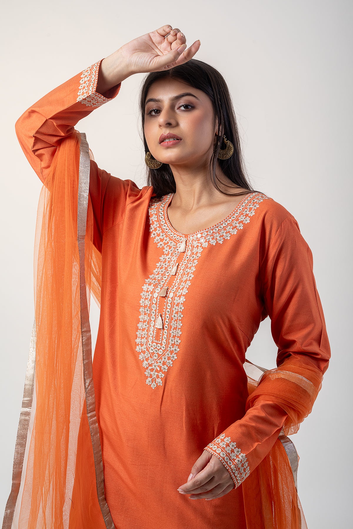 Sable Orange Suit Set with Resham Ari Embroidery Work