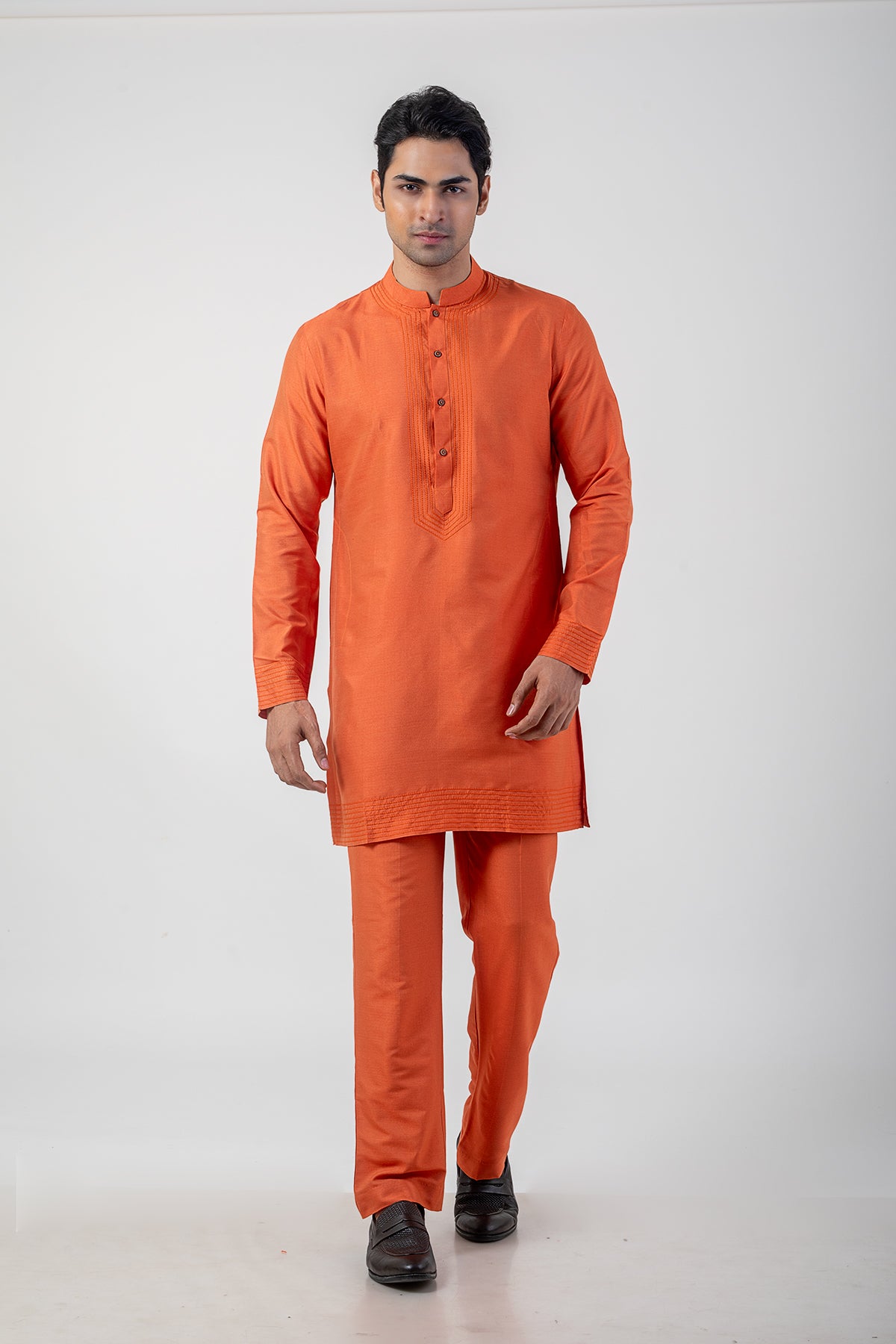 Sable Orange Embroidered Side-Cut Kurta Pajama in Katan Silk