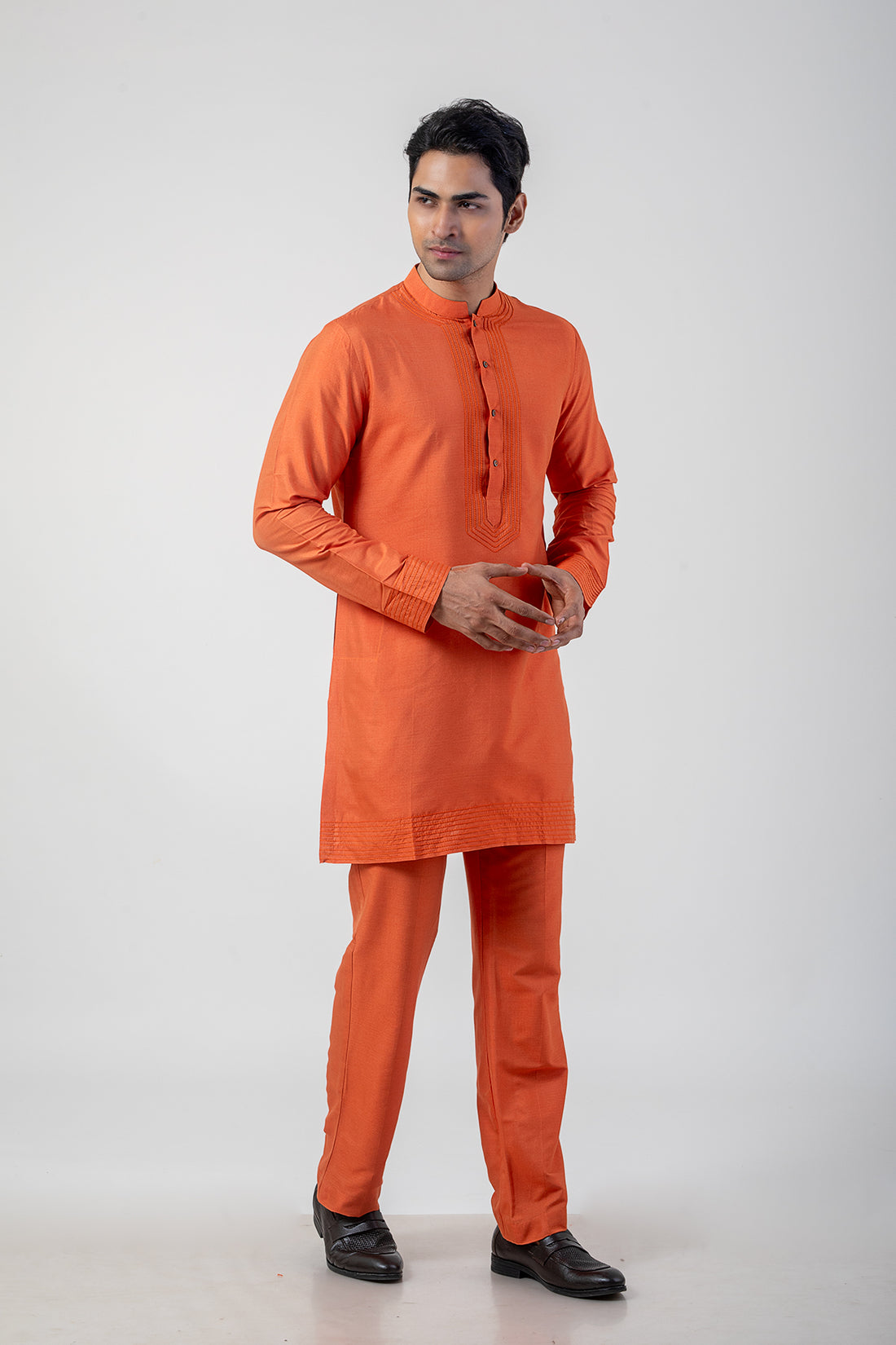 Sable Orange Embroidered Side-Cut Kurta Pajama in Katan Silk