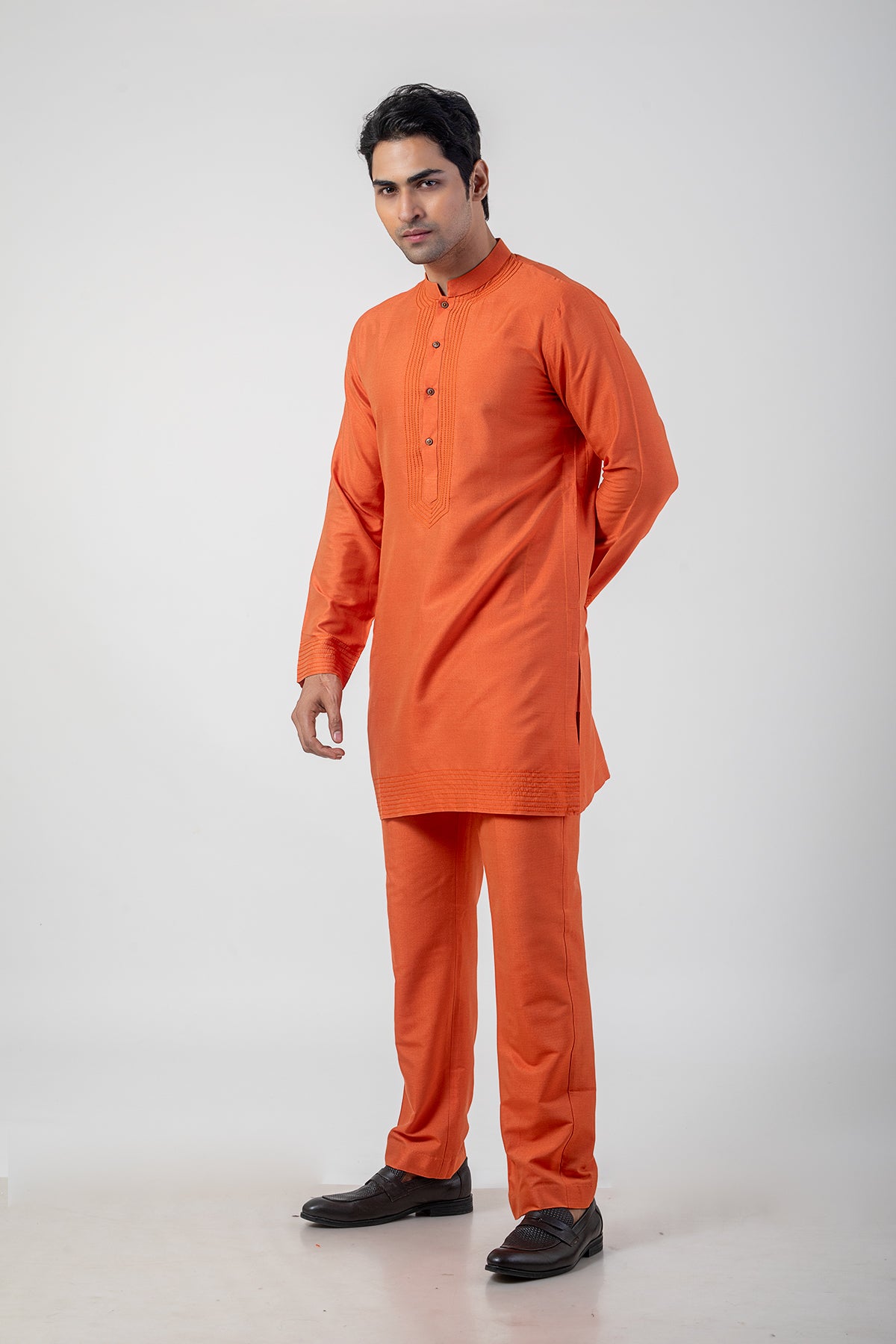 Sable Orange Embroidered Side-Cut Kurta Pajama in Katan Silk