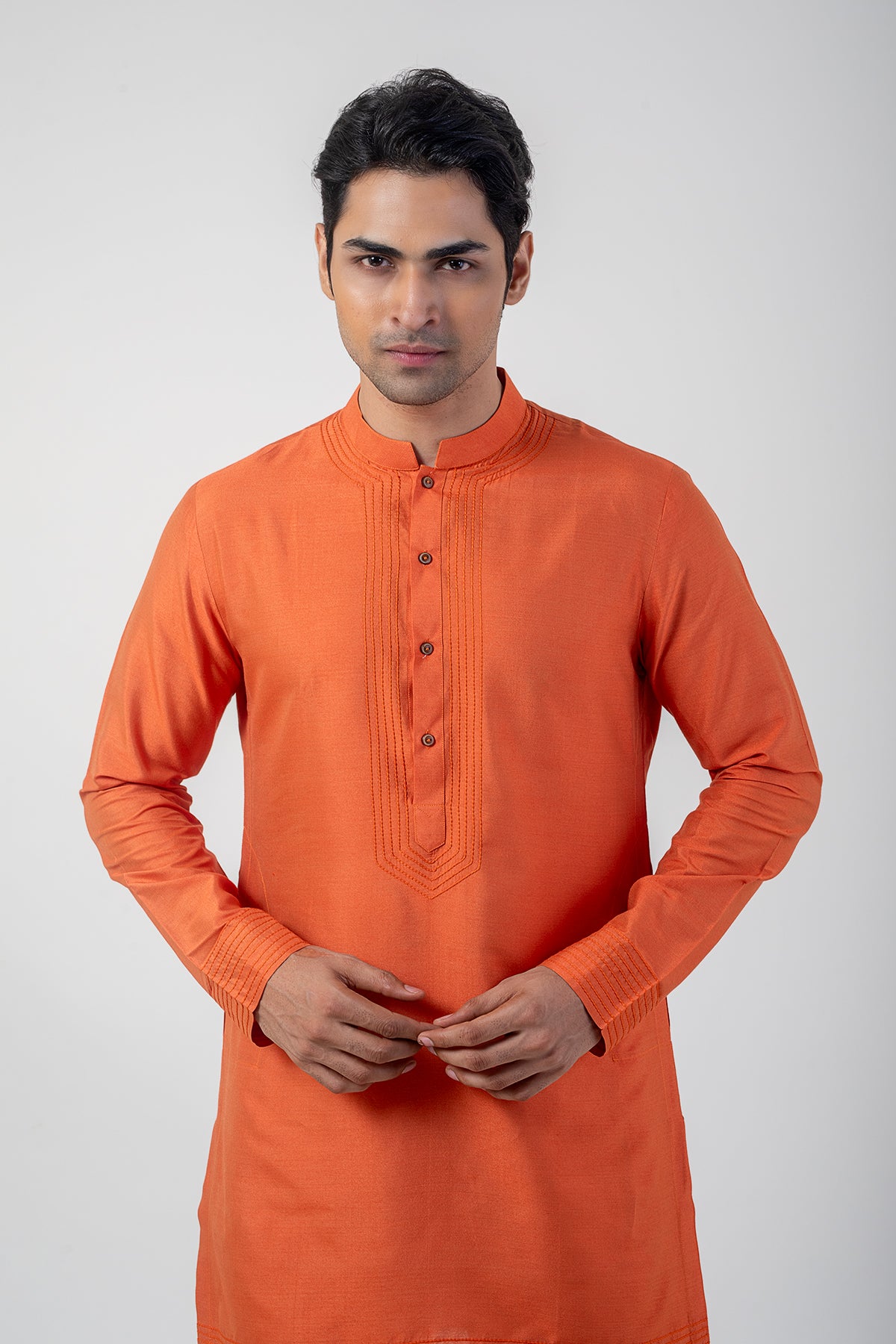 Sable Orange Embroidered Side-Cut Kurta Pajama in Katan Silk