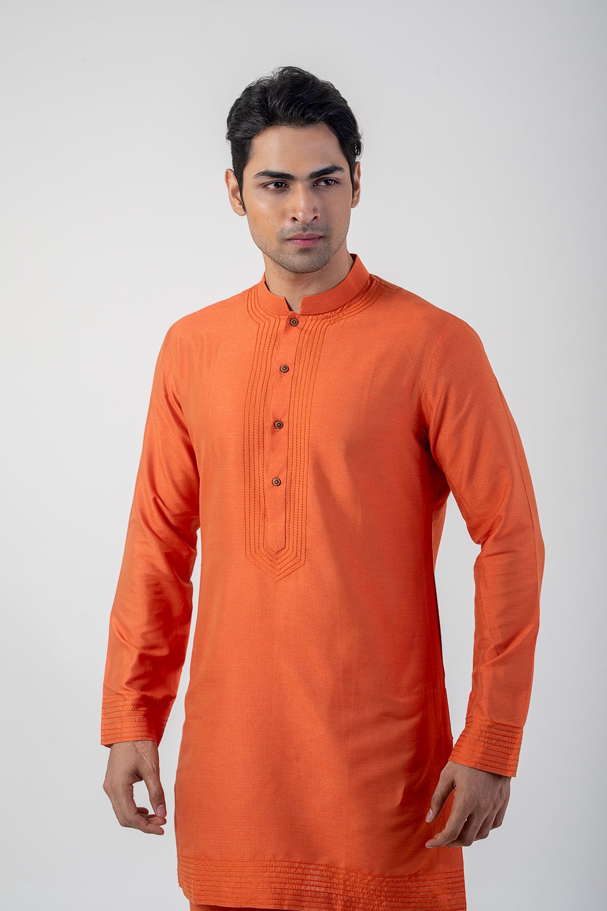 Sable Orange Embroidered Side-Cut Kurta Pajama in Katan Silk