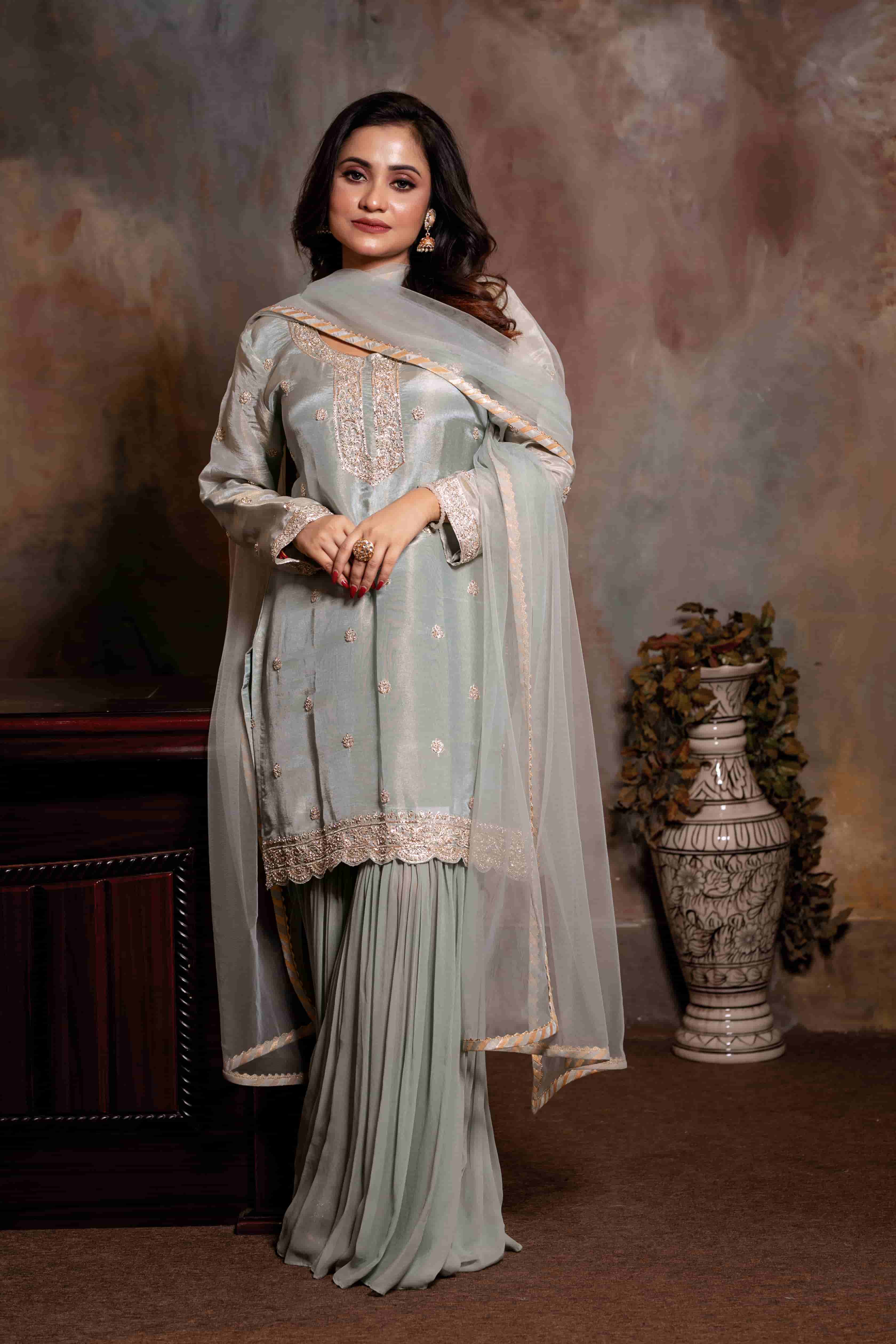 Teal Green Georgette Kurta Sharara Dupatta Set