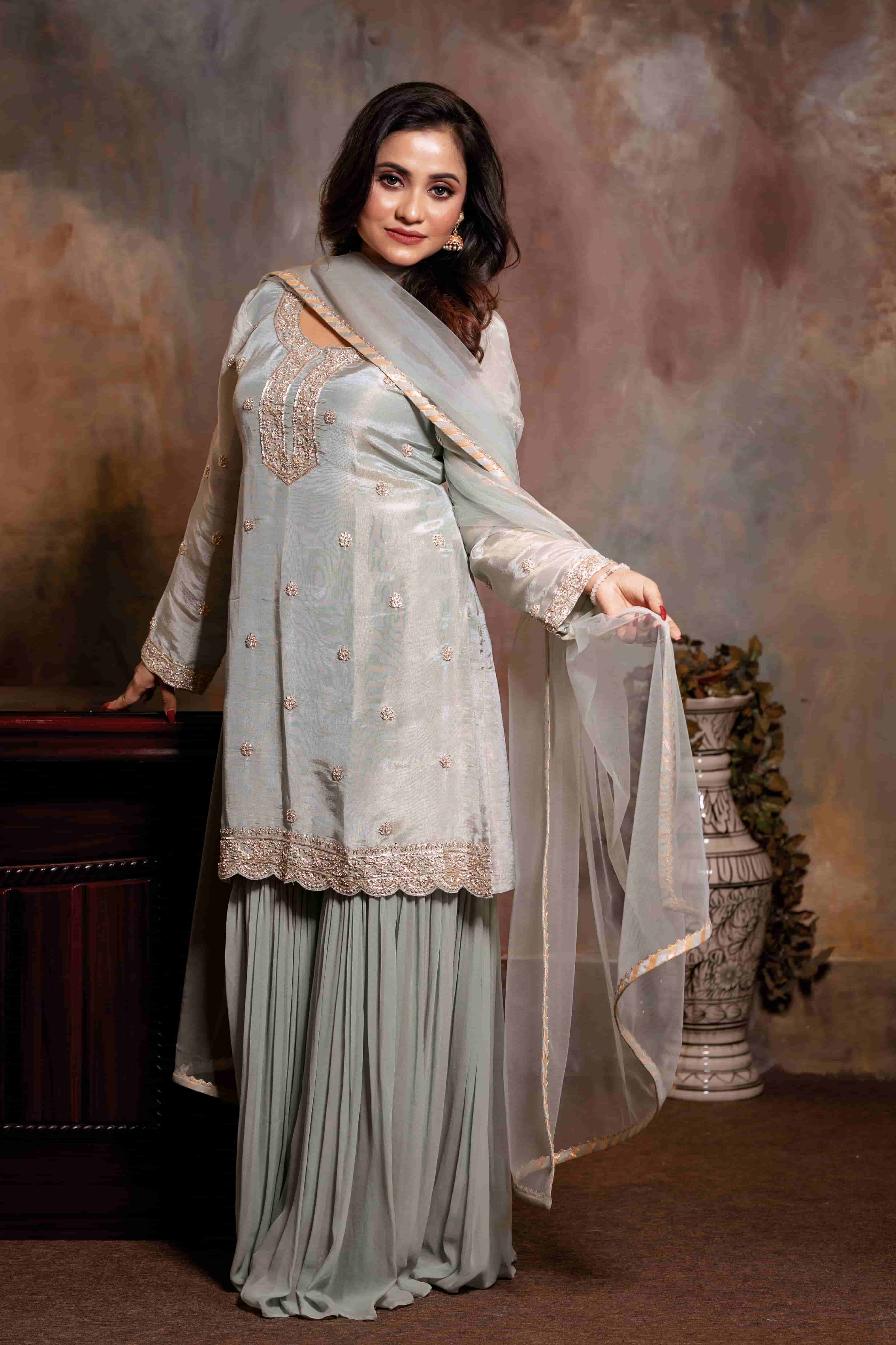 Teal Green Georgette Kurta Sharara Dupatta Set