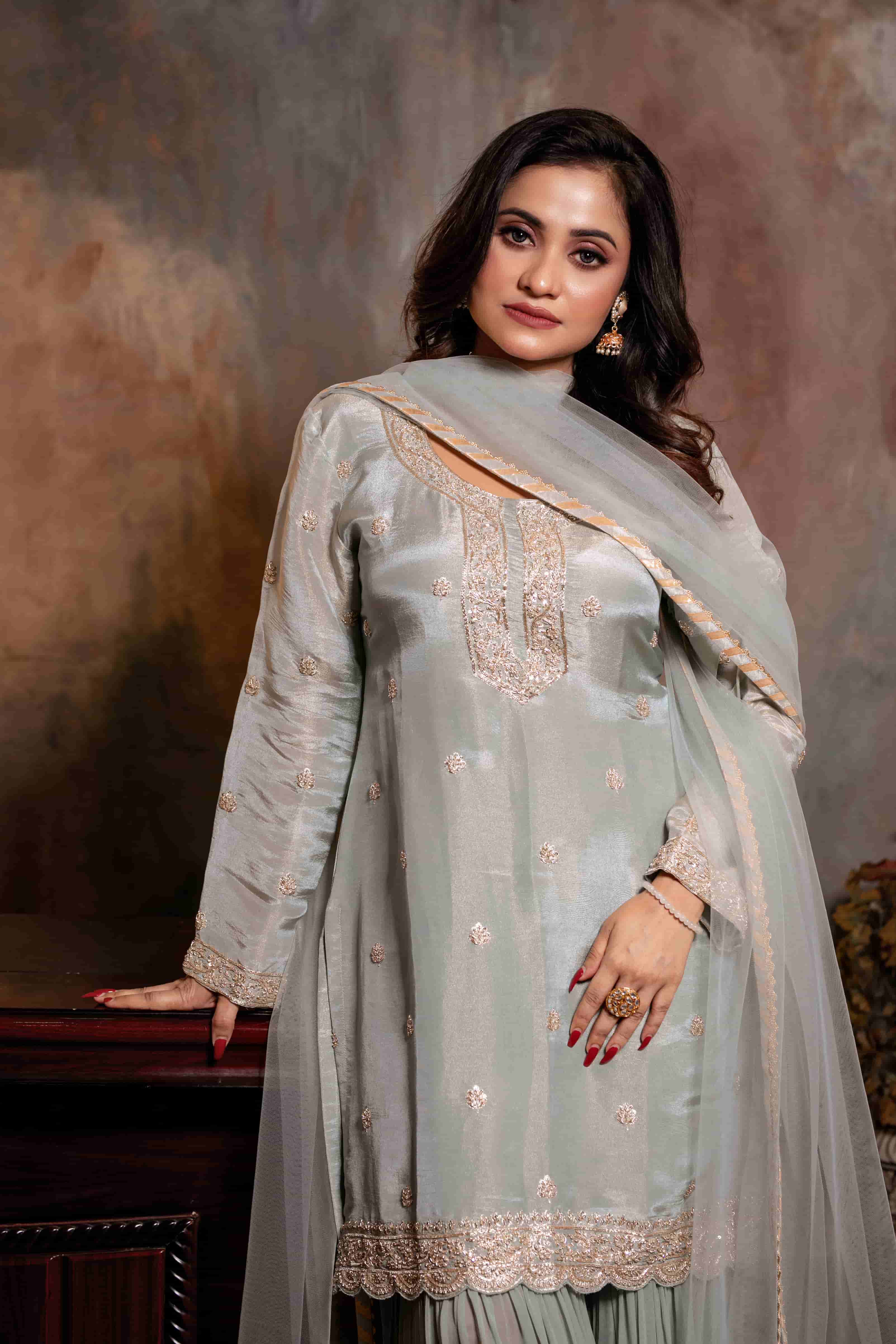 Teal Green Georgette Kurta Sharara Dupatta Set