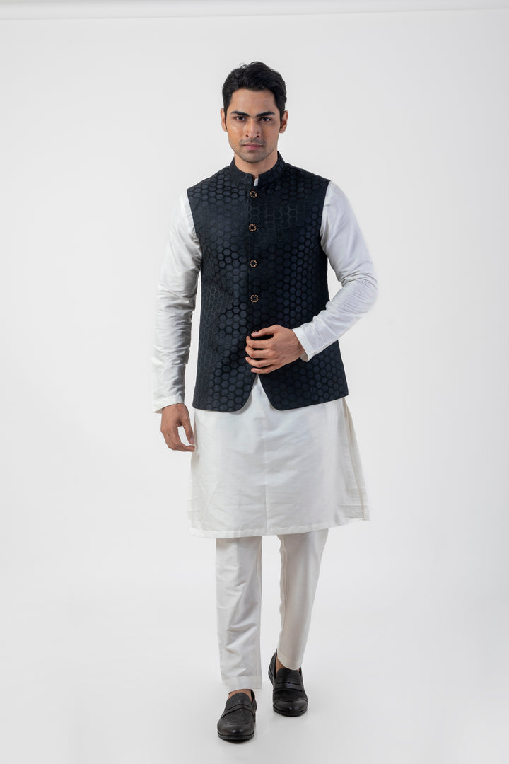 Embroidered  White Kurta Pajama with Black Jacket for Men