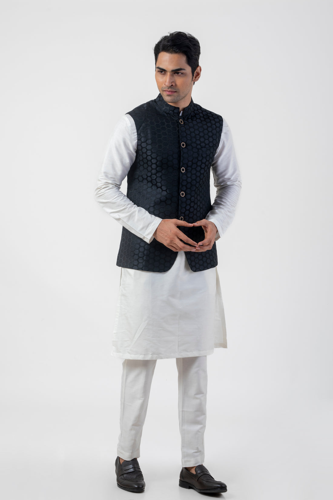 Embroidered  White Kurta Pajama with Black Jacket for Men