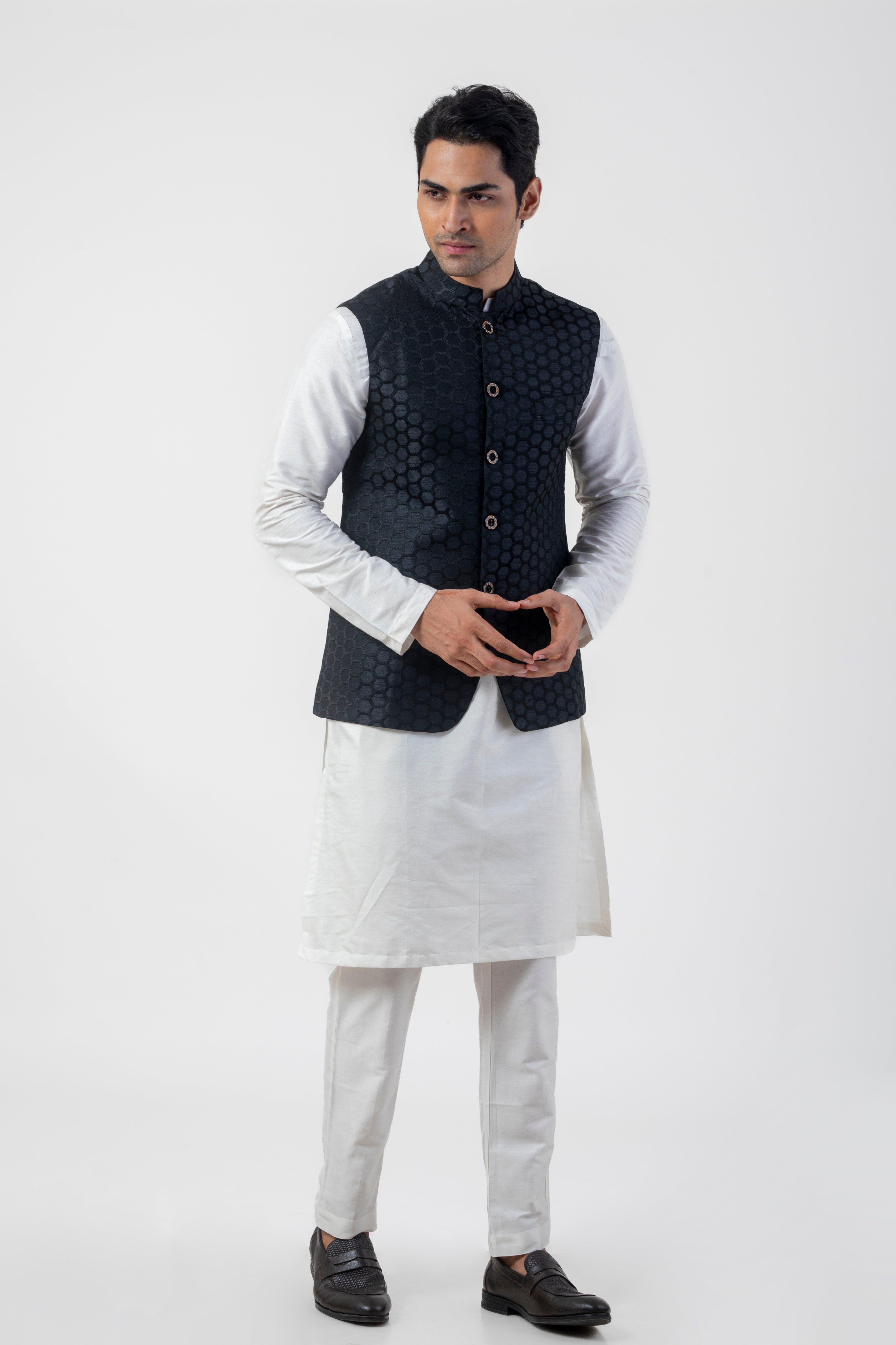 Embroidered  White Kurta Pajama with Black Jacket for Men