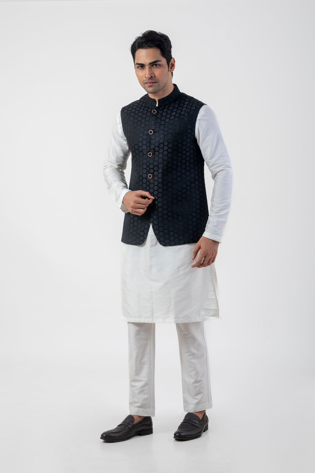 Embroidered  White Kurta Pajama with Black Jacket for Men