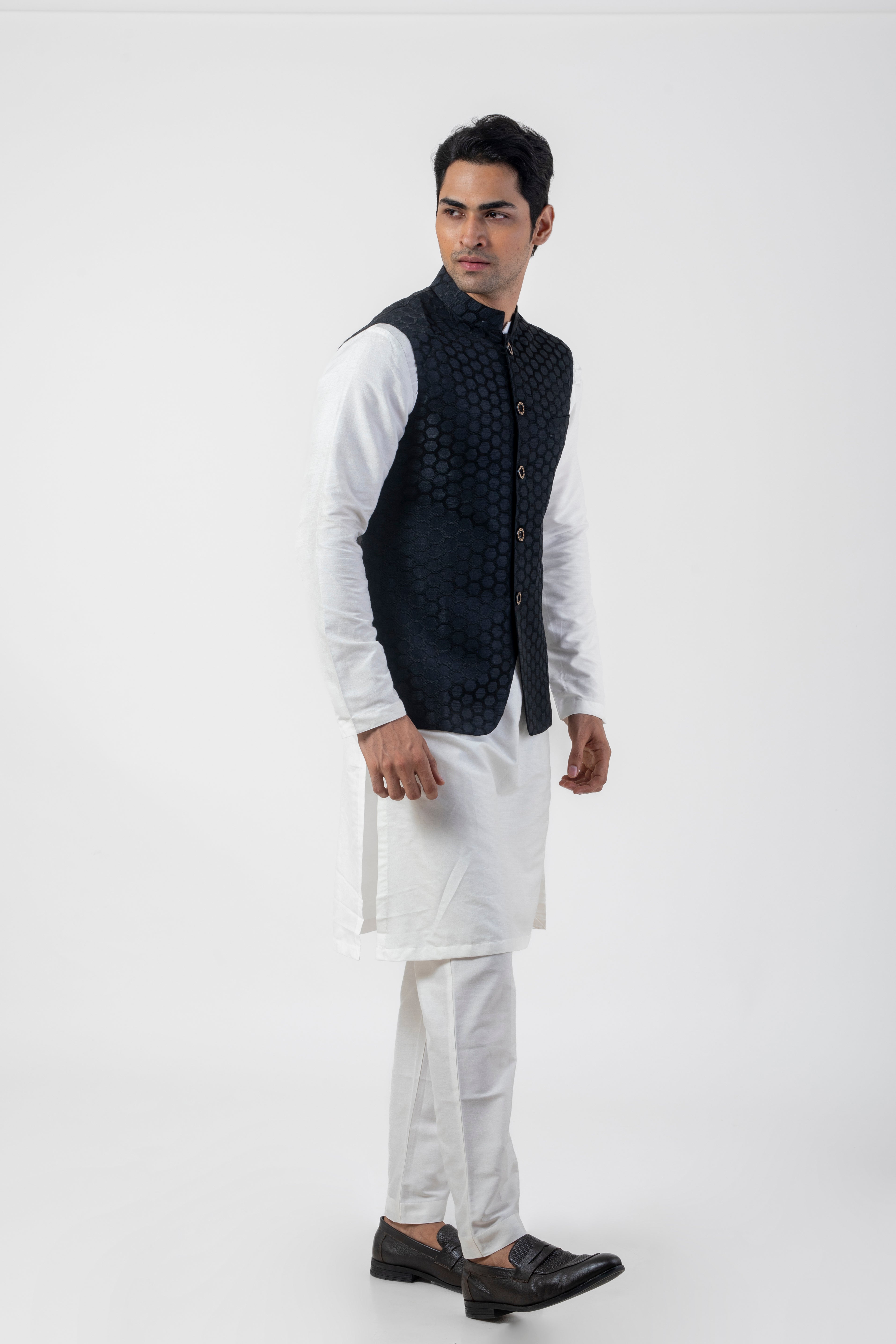 Embroidered  White Kurta Pajama with Black Jacket for Men