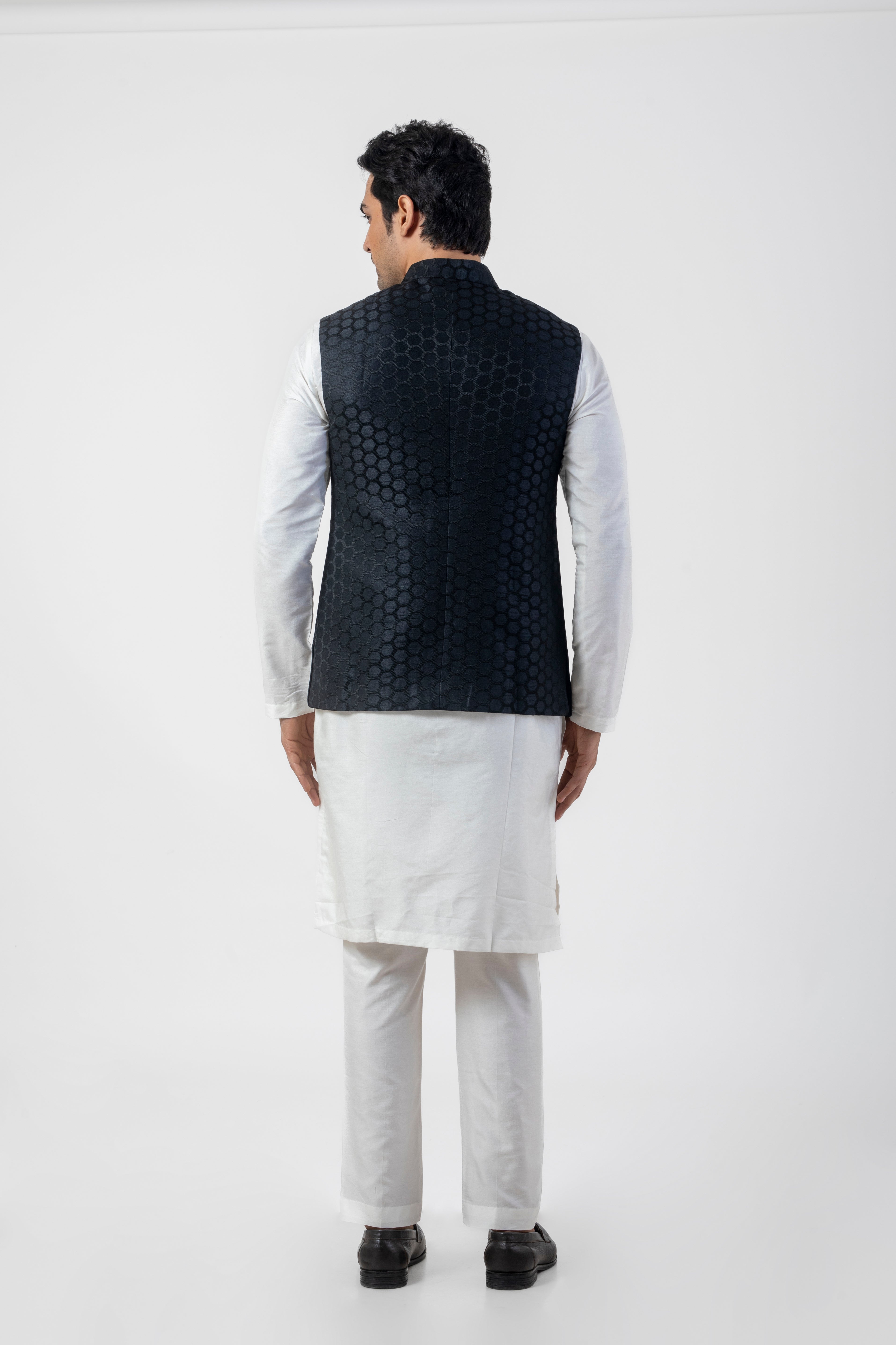 Embroidered  White Kurta Pajama with Black Jacket for Men