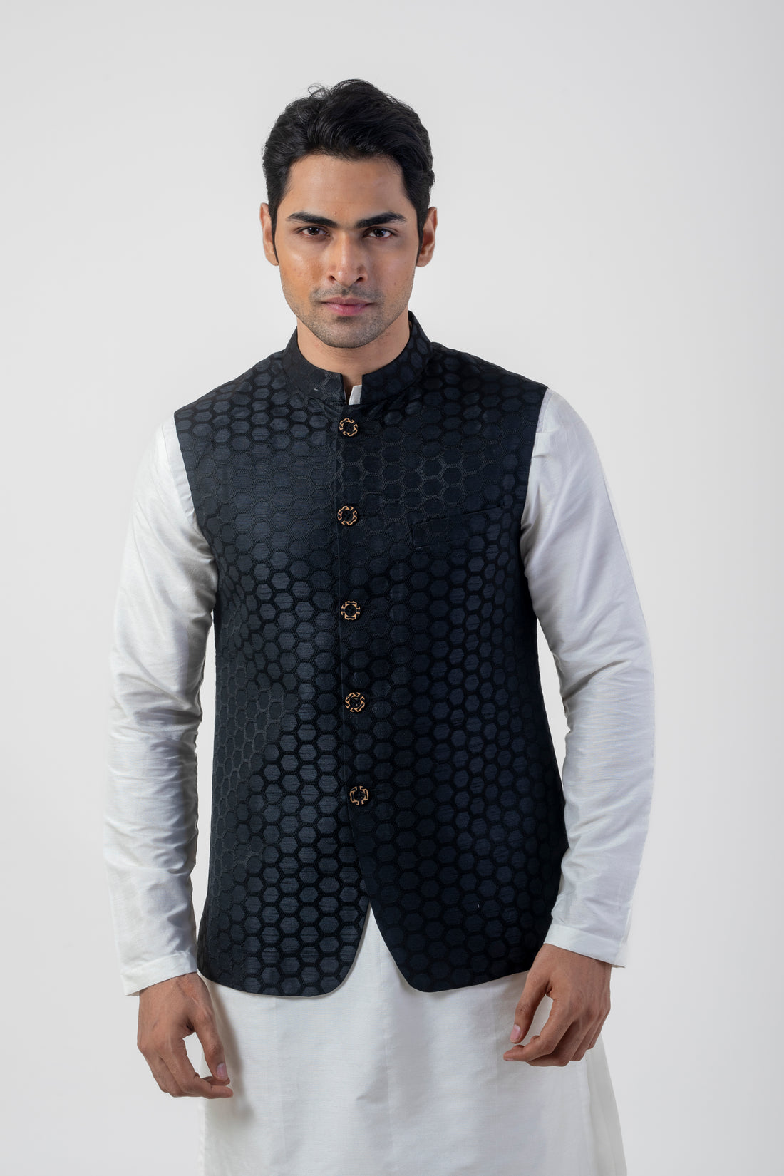 Embroidered  White Kurta Pajama with Black Jacket for Men