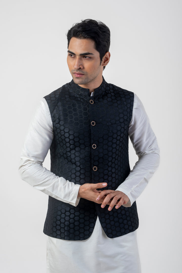 Embroidered  White Kurta Pajama with Black Jacket for Men